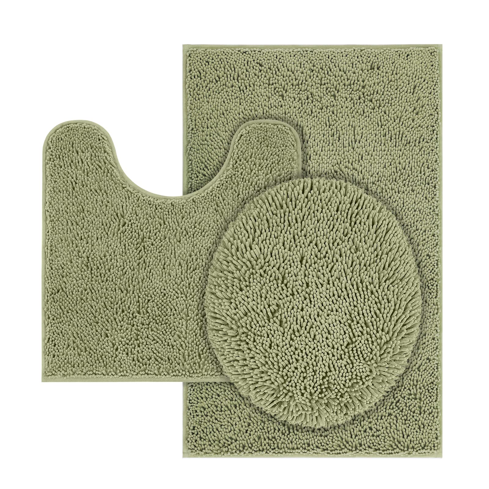 TREETONE Machine Washable Water Absorbent Bath Mat Bathroom Rugs Non Slip Soft Microfiber Mat (Set of 3-Medium 20" x 30"/Contour/Lid Cover, Sage Green)
