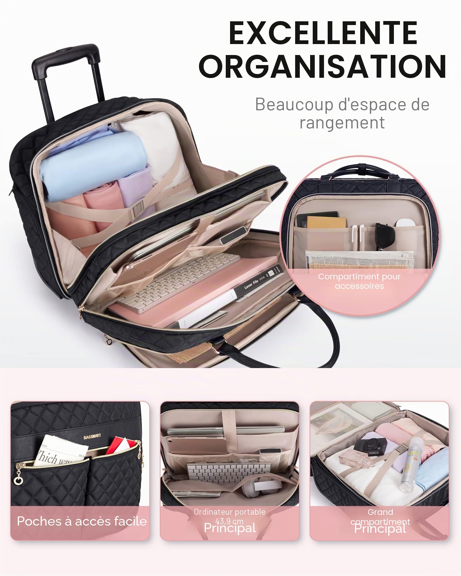 bagsmart Roller - Sacoche pour ordinateur portable - 17,3" - Avec roulettes - Pour le travail, les voyages, les affaires - Noir/blanc