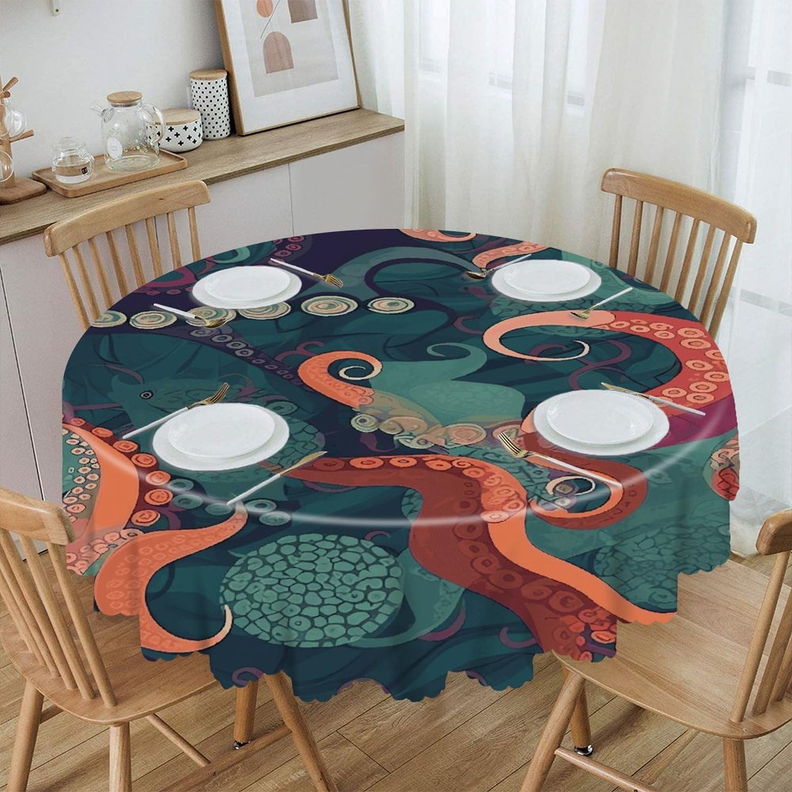 VstaDank 60 Inch Round Abstract Octopus Tablecloth Polyester Waterproof Wrinkle Free Table Cloth Spillproof Washable Table Cover Colorful Tablecover Decor for Home Kitchen Dining Party