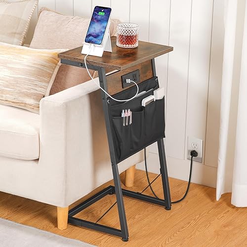 Miniatura 5 de HOOBRO Mesa auxiliar en forma de C con estación de carga, mesa deslizante debajo del sofá con almacenamiento, mesa auxiliar pequeña con marco de