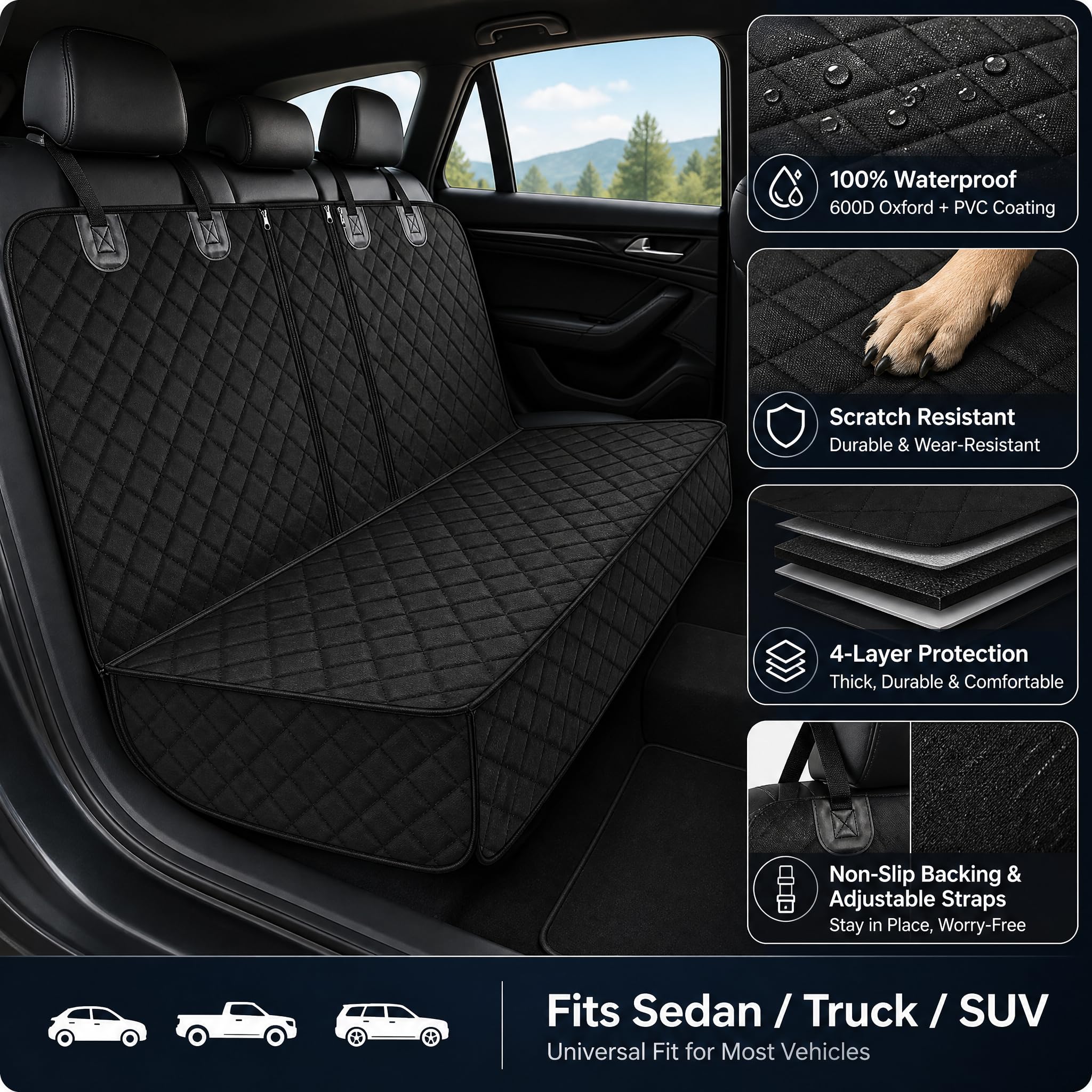SNZ Housse de Protection pour siège arrière Chien – Couverture imperméable et antidérapante pour Voiture, Coffre et Pique-Nique – Design élégant, Universelle pour Chiens et Autres Animaux