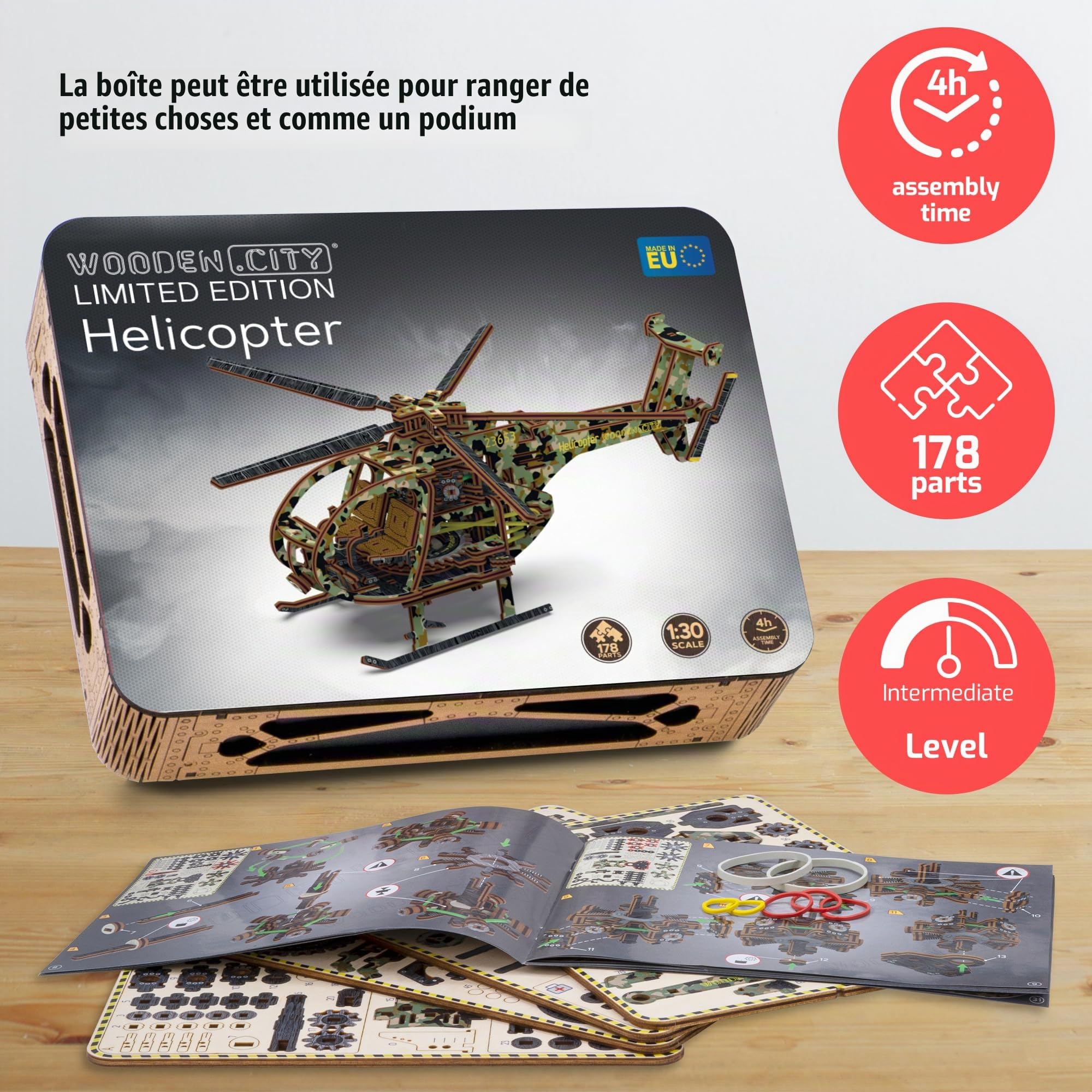 WOODEN.CITY Helicopter Limited Edition - Puzzle 3D Adulte, Maquette en Bois à Construire, Maquettes et Modélisme, Construction Adulte, 178 Pièces - Idéal Cadeau pour Homme, Partenaire ou Collègue
