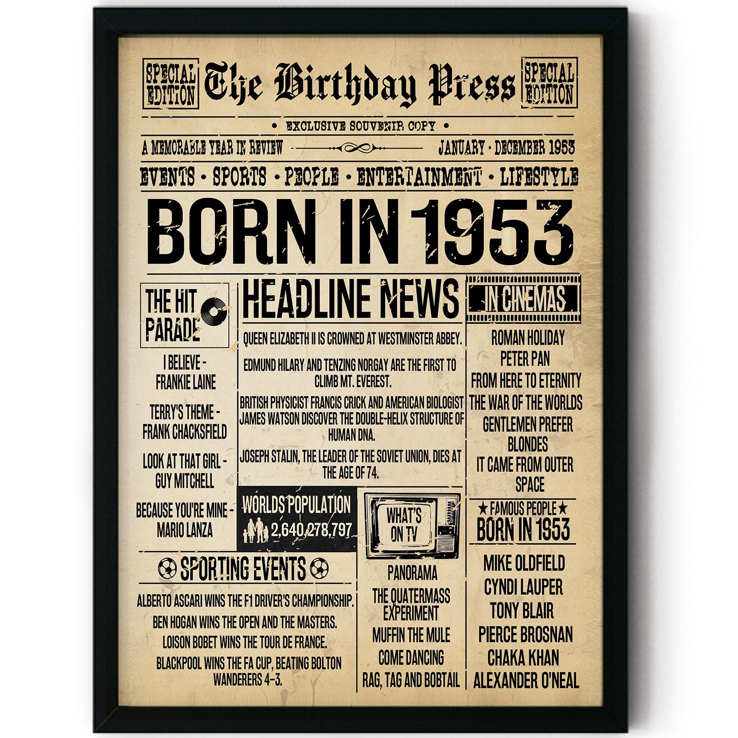 Stuff4 Women's 1953 73Rd Birthday Poster Framed - Born In Vintage Newspaper - Happy 73Rd Birthday Gifts For Men Retro Back In 8X10 Inch Decor Decoration Bday Party