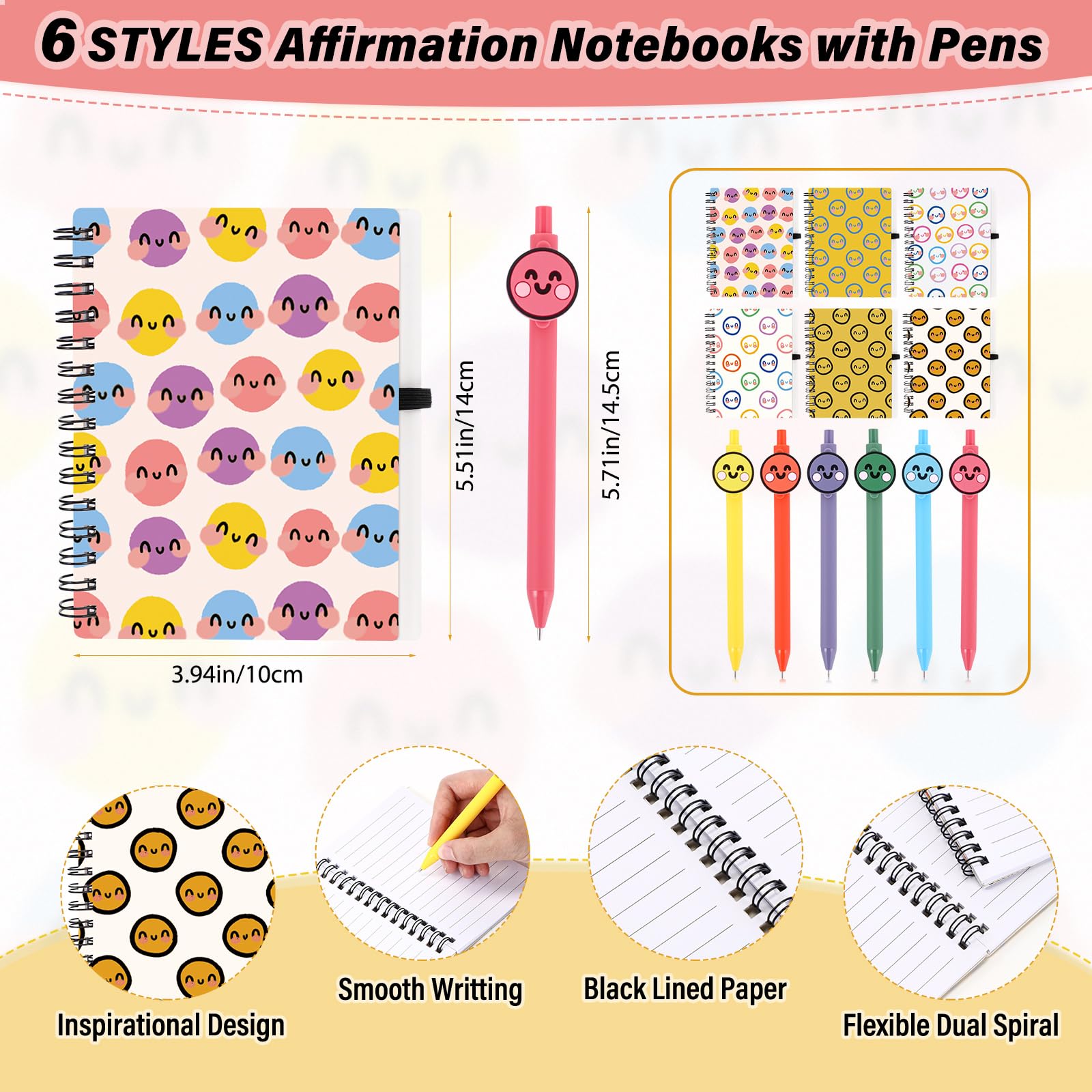 Sinload Lot de 24 carnets à spirale en vrac avec stylos à bille Preppy Positive Smile - Cadeau de bienvenue pour les étudiants, la rentrée scolaire, les enseignants, les collègues (journal ligné)