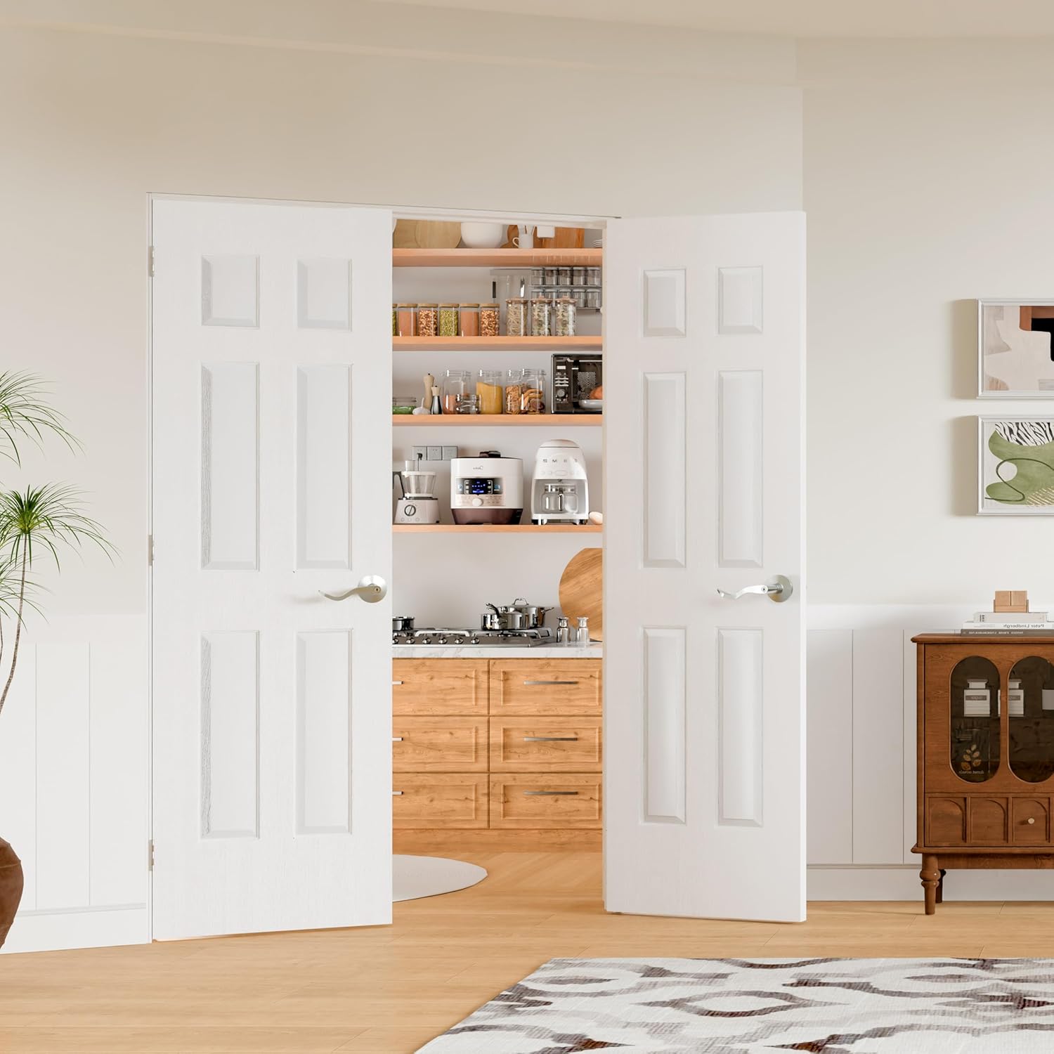 French Doors, 60" x 80" Hollow Core Interior Doors with Door Jamb & Hardware Kit and Silver Door Levers, 6-Panel Pantry Door as Prehung Door for Bedrooms, Closets, Solid Core & MDF
