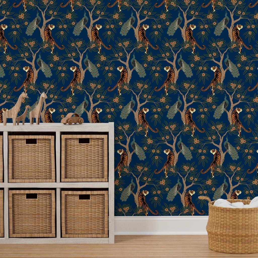 Spoonflower Removable Wallpaper 3ft x 2ft - Bird Asian Flowers Floral Chinese Tree Animals Tiger Peacock Blue Custom Pre-Pasted Wallpaper