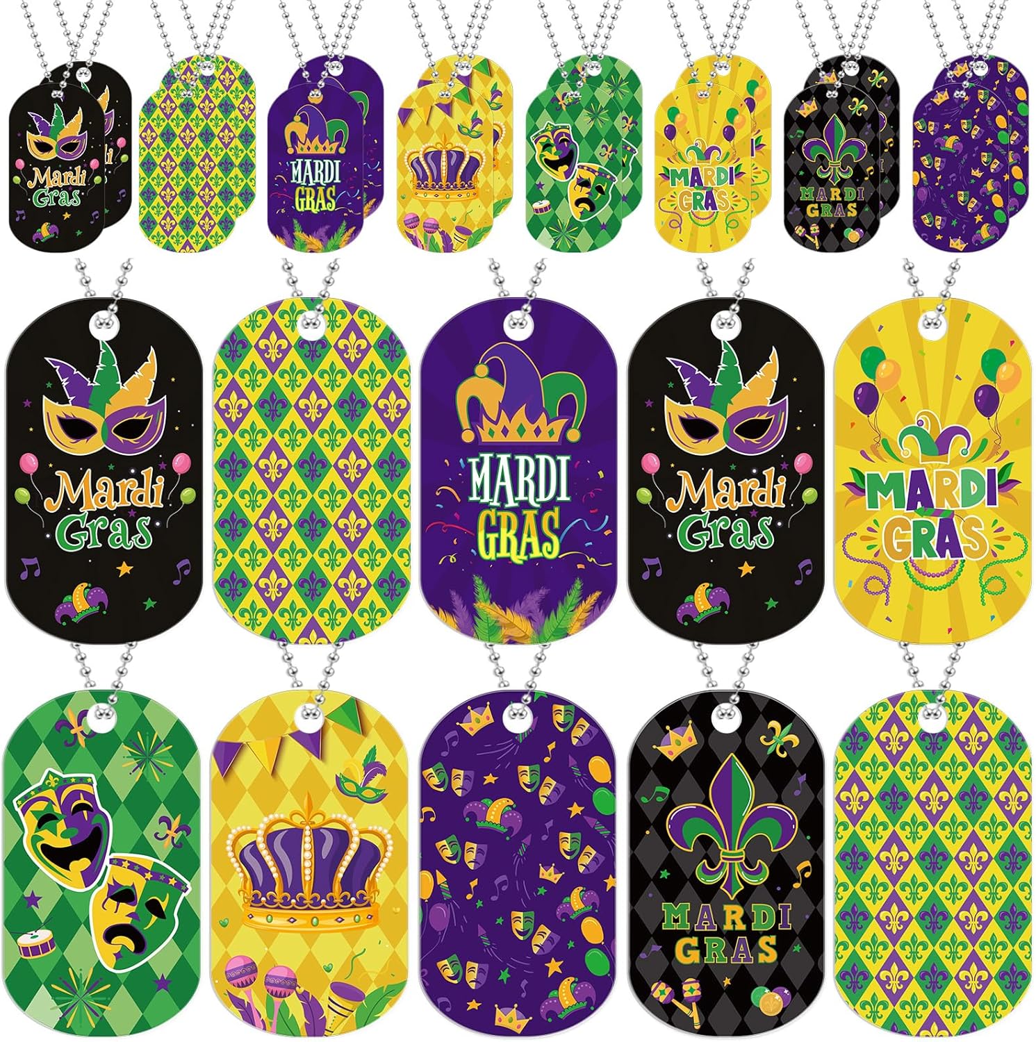 Cinrobiye 48Pcs Mardi Gras Dog Tag Necklaces Carnival Purple Green Yellow Dog Tag Beads Necklaces for Student Reward Gifts Mardi Gras parades Jewelry Costume Masquerade Birthday Party Decor Supplies