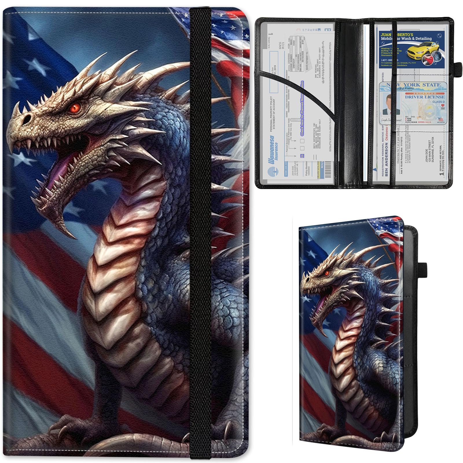 Qindaiwen Car Organizer, Glove Box Document Holder, USA Flag Dragon Pattern, Waterproof, Bi-Fold, Organizes Car Registration, Insurance, Driver License, ID Cards, Essential Info