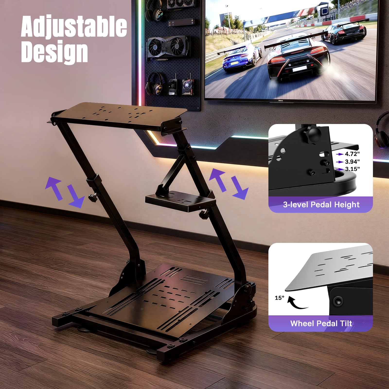 Supporto da volante per G27/G29/T300RS/T500RS/FANATEC | Cavalletto pieghevole regolabile in altezza, portata 20 kg, compatibile con pedali da corsa e leve del cambio