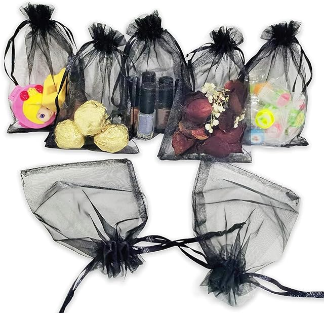 50Pcs Organza Gift Bags Jewellery Pouches, 9x12cm Black Mesh Candy Favour Bag for Wedding Party Favors Festival Game Drawstring Pouch
