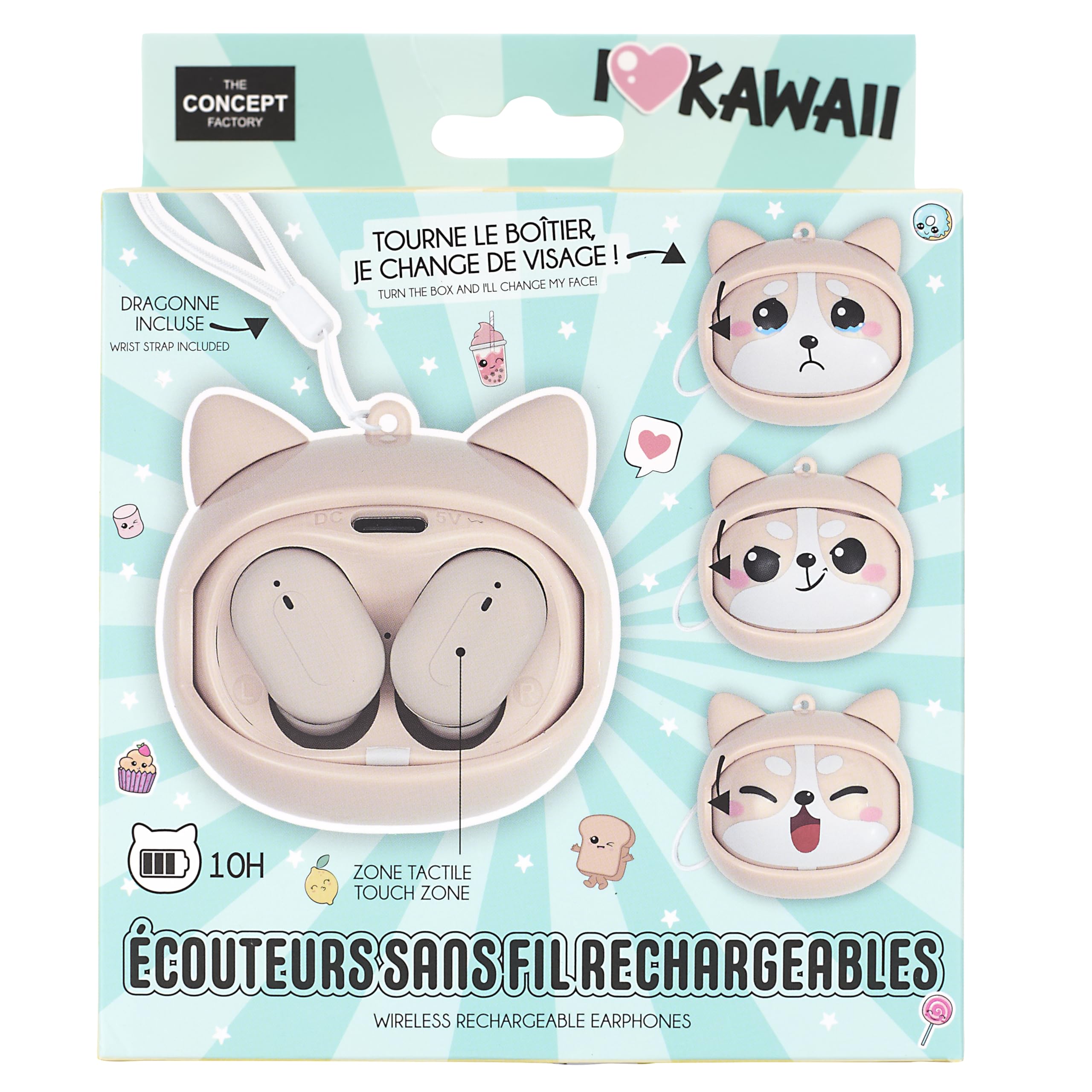 THE CONCEPT FACTORY - HT0153 Écouteurs sans Fil Multiface Kawaii - Design Original, Sonorité Optimale, Confort Ergonomique, Autonomie Étendue, Connectivité Bluetooth | Écouteurs sans fil kawaii, design original, sonorité optimale, confort, beige