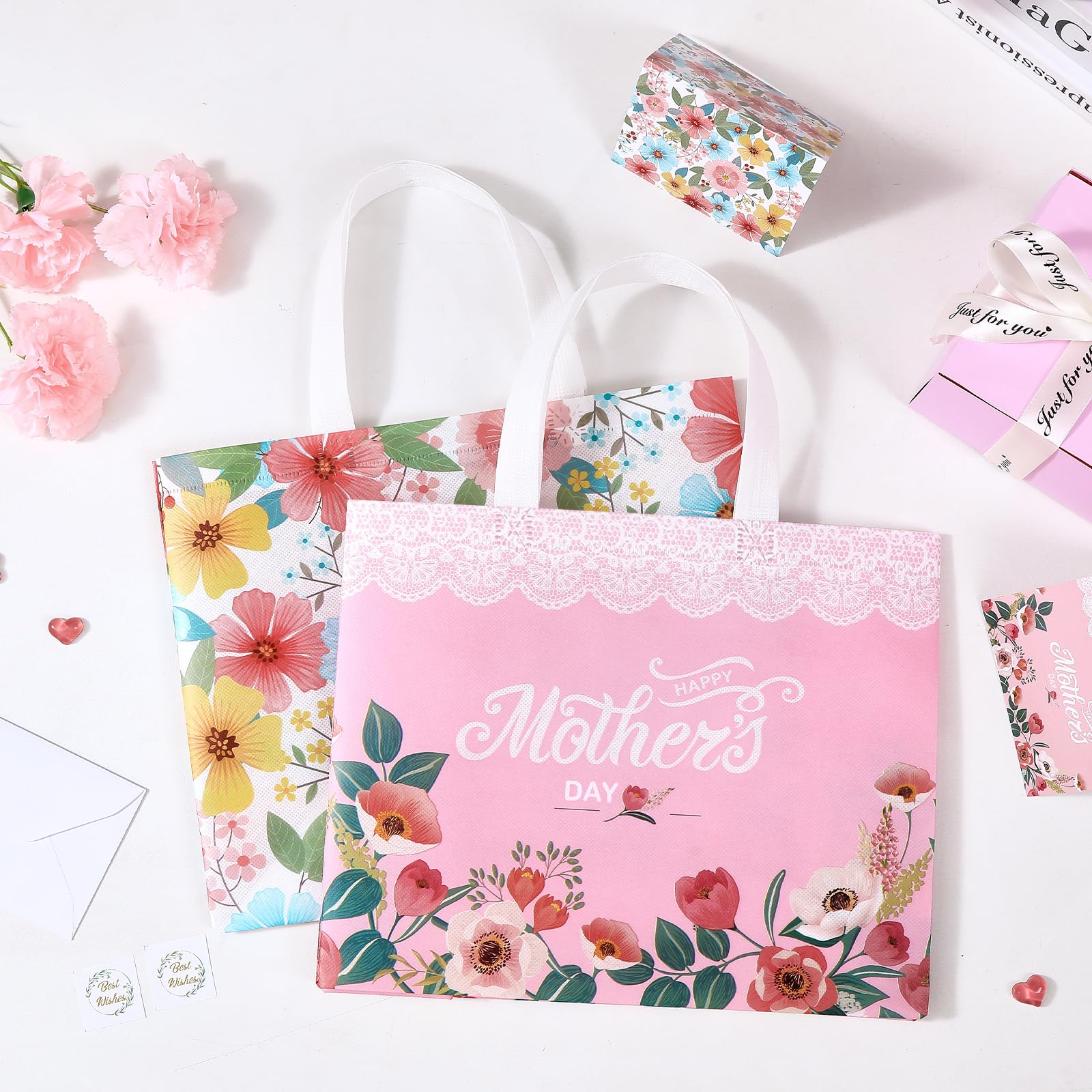 STYPOP 13" Mothers Day Gift Bags with Tissue Paper,2 Pack Large Mother's Day Bag Bulk,Reusable Gift Bags with Handles - Mothers Day Gifts for Mom,Grandma,Sister,Nana,Friends (Pink, White)