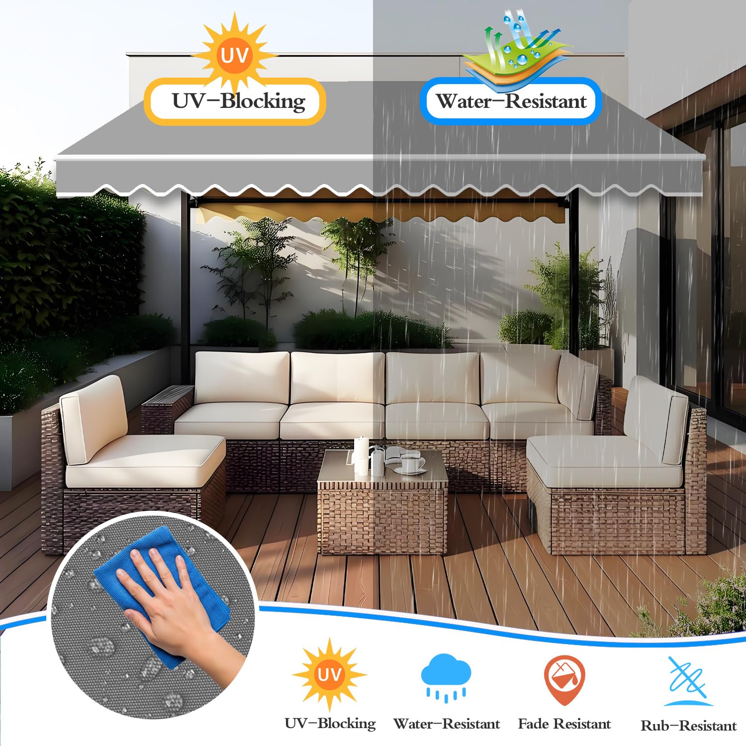Tessuto Sostitutivo per Tenda da Giardino Retrattile per 2 M 3 M 3,5 M 4 M (Senza Telaio), Copertura per Parasole in Tela Poliestere 300G con Mantovana Anteriore(Size:4x3m,Color:Grigio Chiaro)