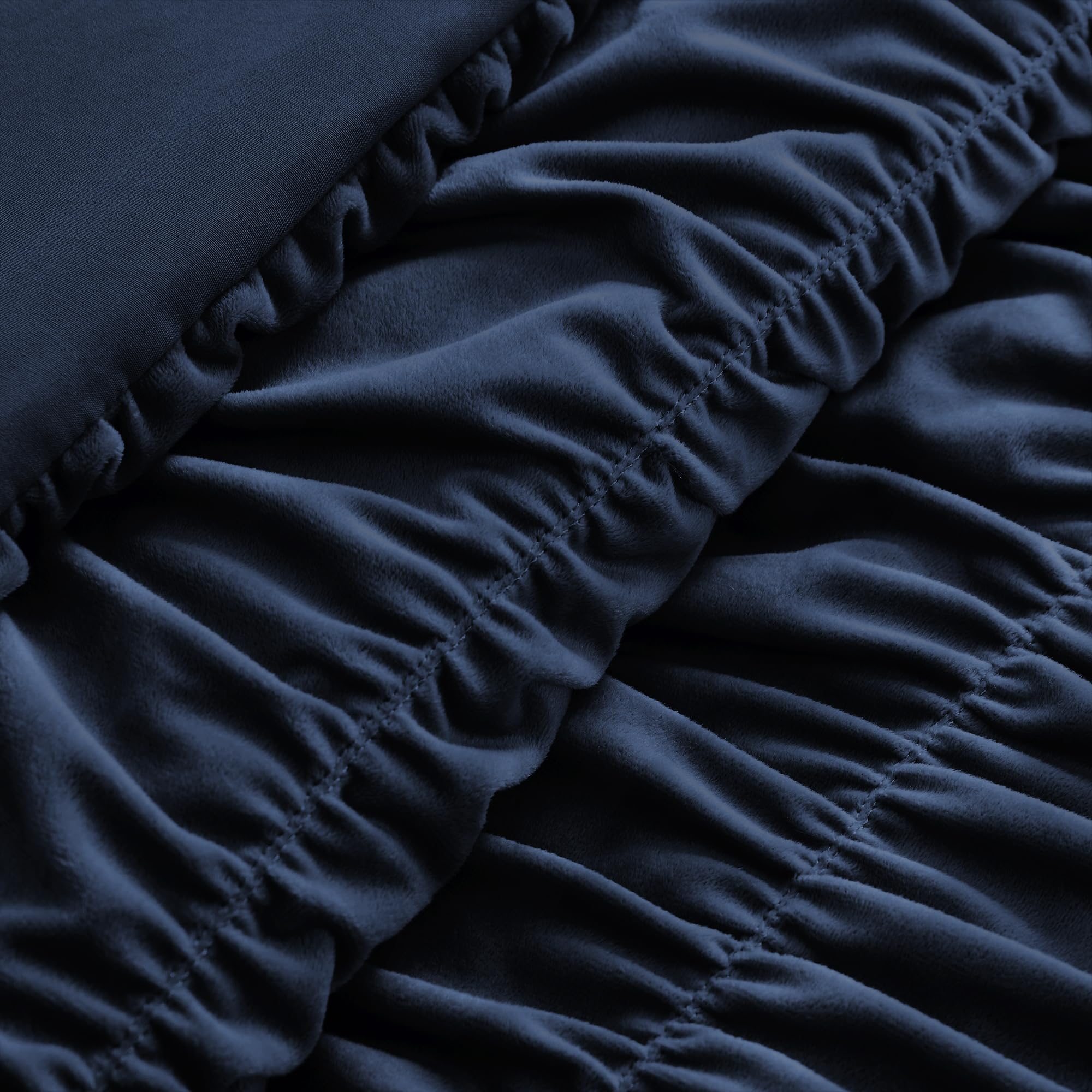 Wonderful Luxury Ruched Velvet King Size Navy Quilt Set, Handcrafted Quilted 3 Piece Ruffle Crinkle Striped Reversible, Cotton-Like Feel, Fluffy Lightweight Comforter Bedding Set