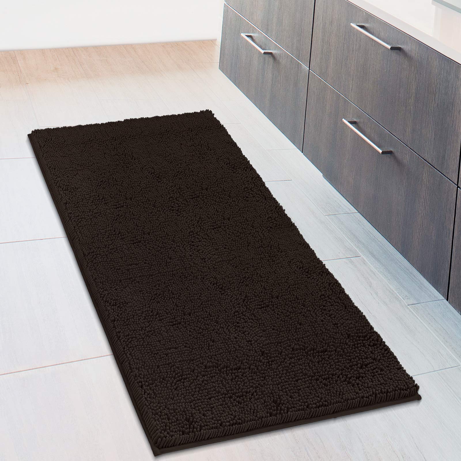 Extra Large Soft Plush Chenille Bathroom Runner Rug, Absorbent Microfiber Bath Mat, Machine Washable, Non-Slip Grip, Shag Carpet Great for Bath, Shower, Bedroom, or Door Mat (Brown, 27.5x47)