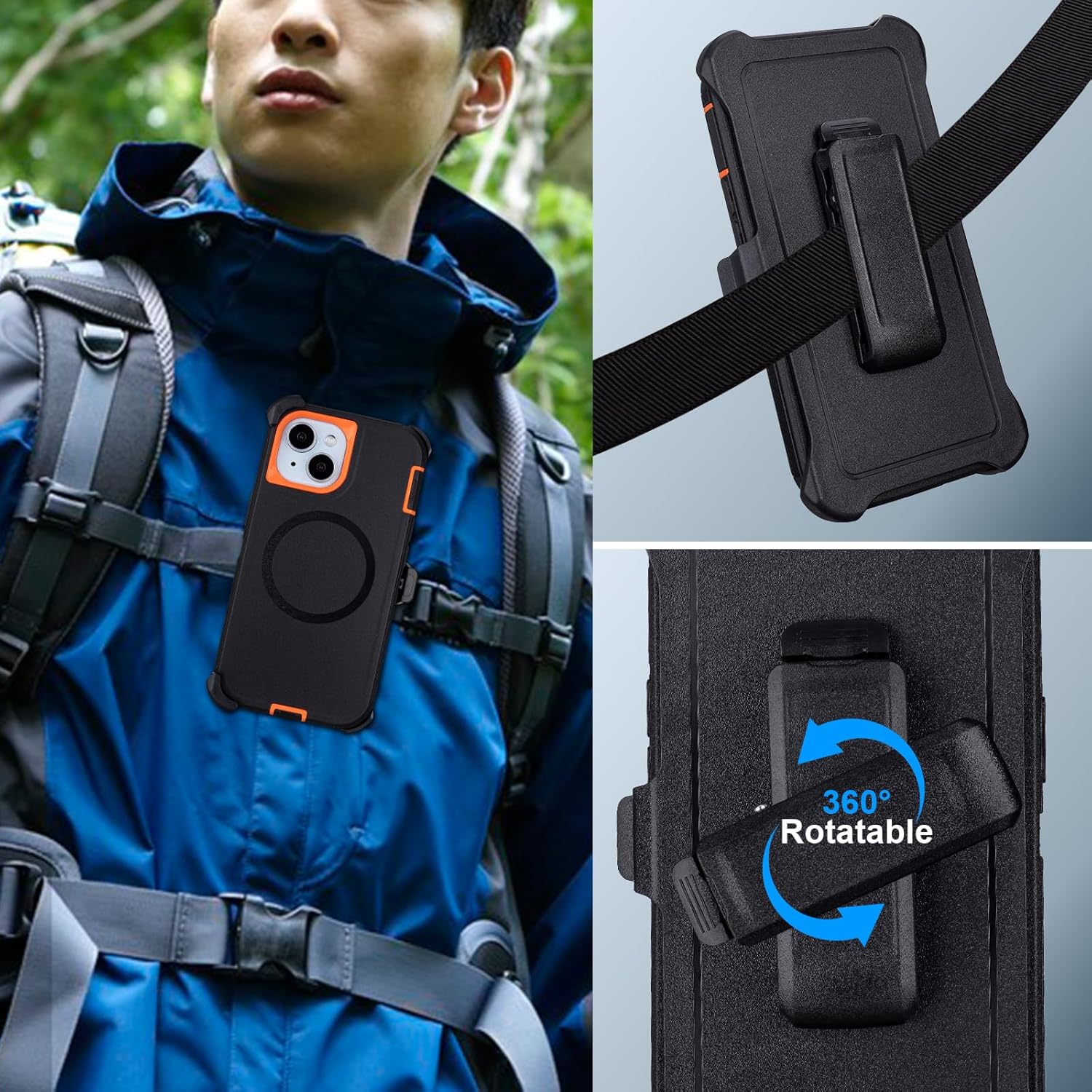 for iPhone 13 Case with Belt Clip Holster, [Compatible with MagSafe] Heavy Duty Military Grade Drop Protection, 3-Layer Rugged Shockproof for iPhone 13 Case with Kickstand, 6.1 Inch (Black+Orange)