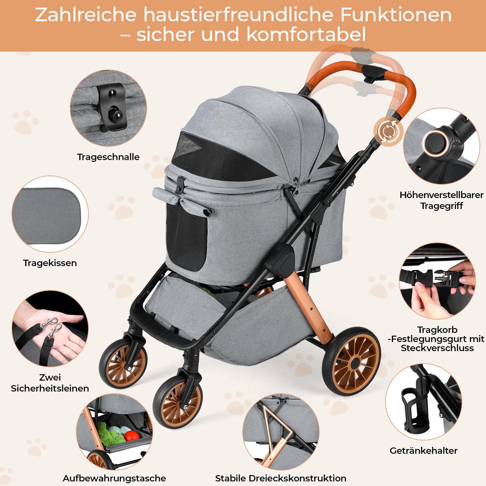MAMIZO One-Touch Passeggino per cani, Passeggino pieghevole gatti, fino a 25 kg, Telaio Alu & acciaio carbonio,Maniglione regolabile in altezza,Portabicchieri,4 PCS ruote,per cani e gatti,Grigio scuro
