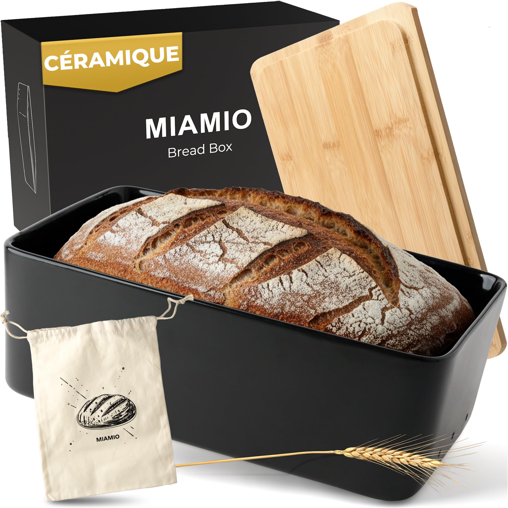 MIAMIO – Boîte à Pain pour Plan de Travail de Cuisine/Boîte à Pain en Céramique avec Planche à Découper, Conteneur à Pain avec Couvercle en Bambou, 32 x 21 x 11,5 cm (Noir)