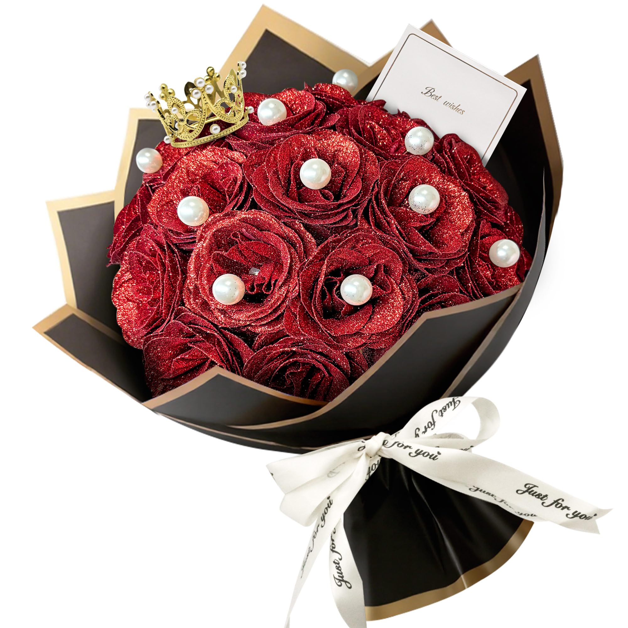 JINXIXI 24pcs Red Glitter Roses Bouquet,DIY Artificial Flower Bouquet Kit with Fake 12 pearls flower wrapping papers,Stems Cards for Gifts Valentine's Day, Anniversary,Birthday, Wedding,Graduations