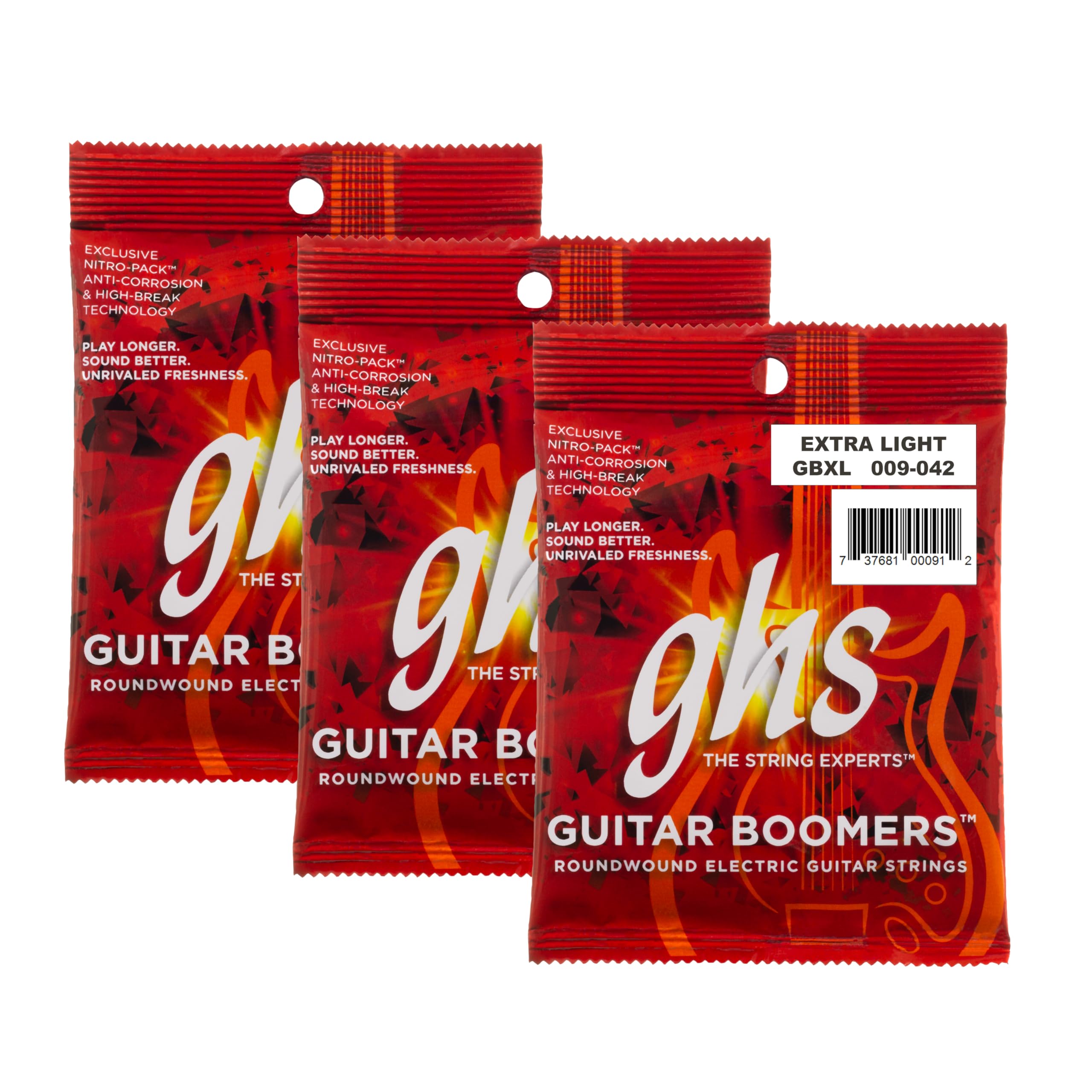 GBXL Boomers, Nickel Plated Steel Electric Guitar Strings, Legendary Strength, Consistent Intonation, Long Lasting Brightness, Tone & Sustain. For 6-String Guitar, 9-42 XLT Gauge, 3 Pack