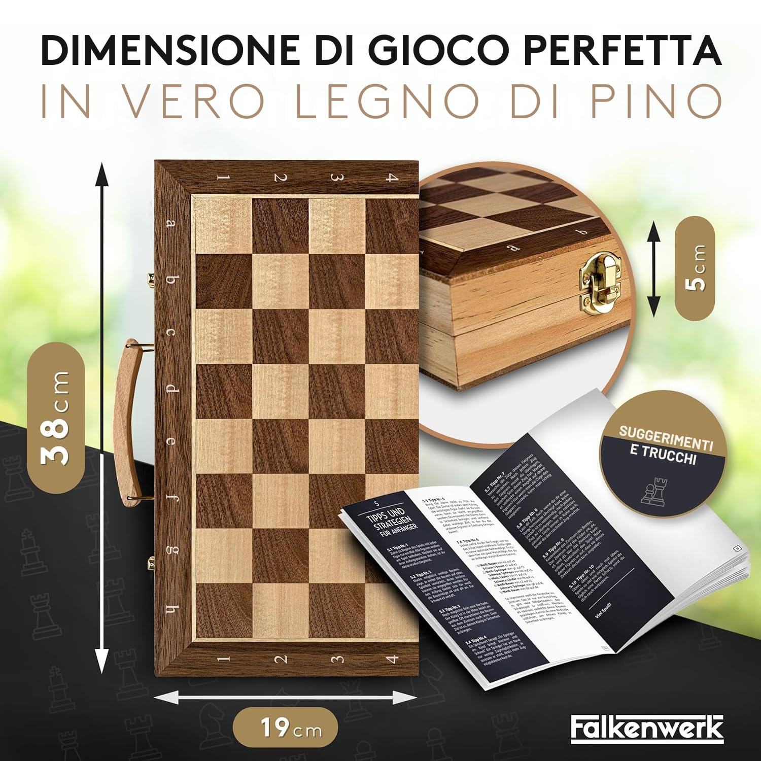 FALKENWERK Scacchiera magnetica in legno [38x38 cm], scacchiera realizzata a mano in vero legno, tagliere di alta qualità, tavola pieghevole con maniglia per il trasporto, regalo