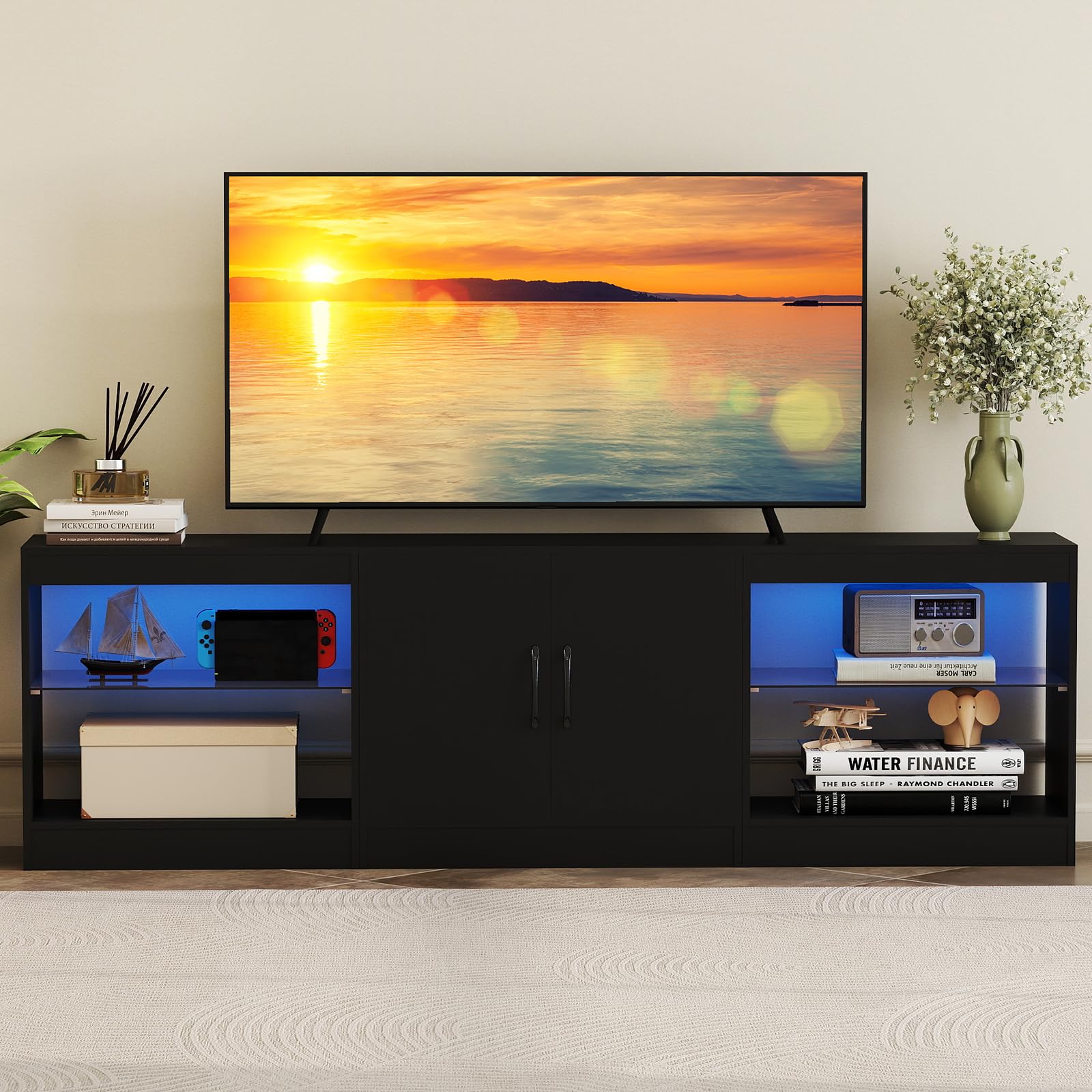 KOMFOTTEU Mobile TV da 85" 3 in 1 con Luci LED, Mobiletto porta Televisori Liberamente Combinabile da 3 Pezzi, con Ripiani in Vetro Regolabili, per Soggiorno, Camera da Letto, 195x30x55cm (Nero)