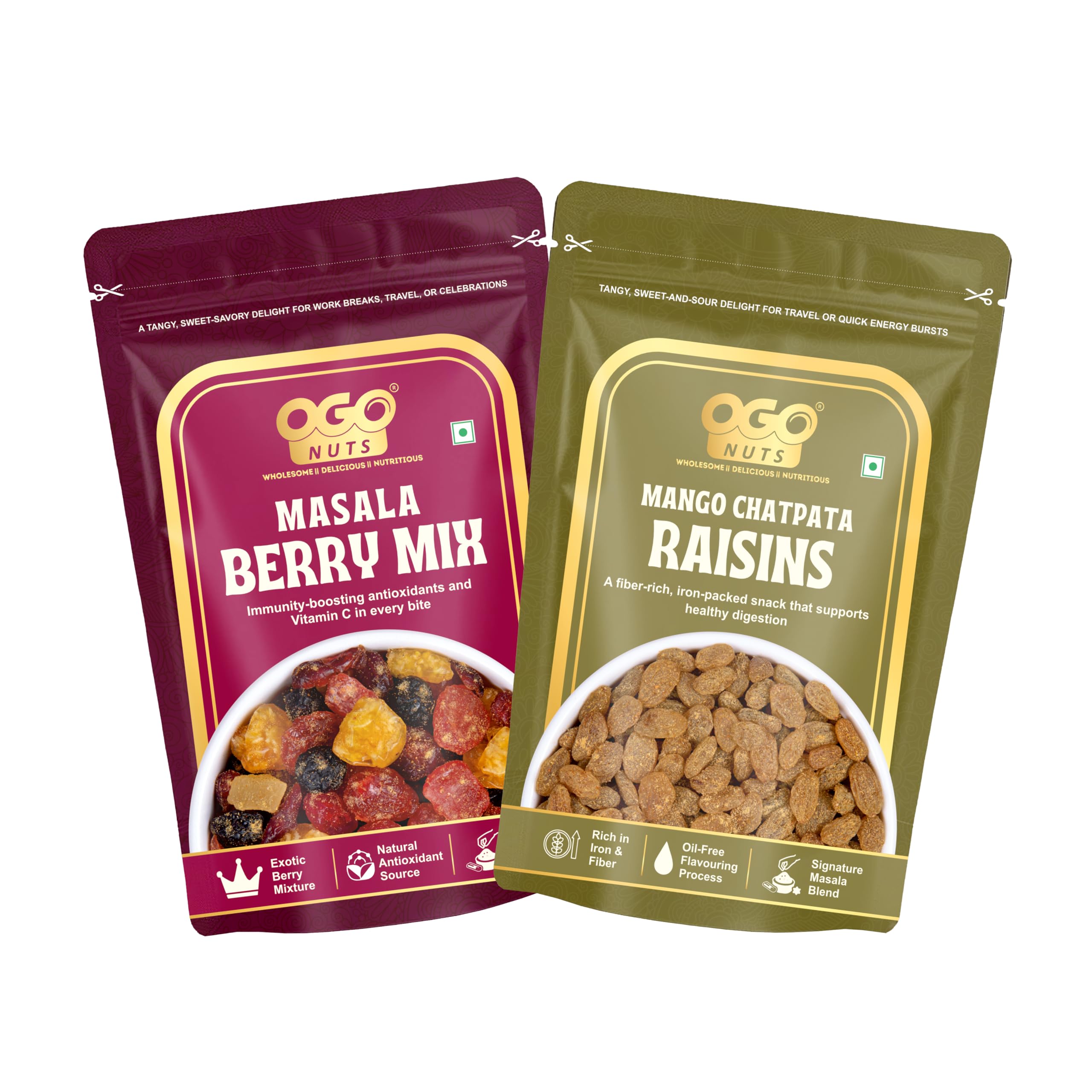 OgoNuts Chatpata Delight Pack (2 x 100g) | Mango Chatpata Raisins and Masala Berry Mix | Spiced Dried Fruit Snack | 0% Oil, Healthy Snack Combo-image-43