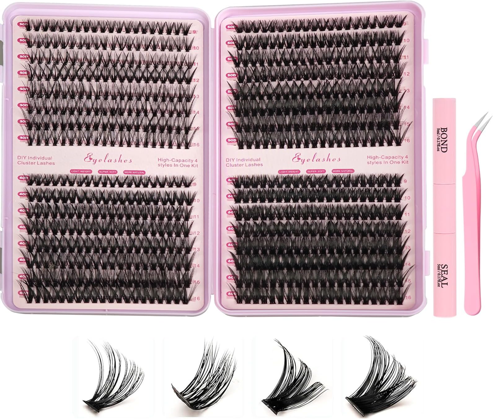 Individual Eyelashes Kit, 640Pcs Cluster Lashes Extensions Lash Clusters 30D 40D 50D 60D Mixed Lengths 9-16mm, Professional Individual Eyelash Extension for Women