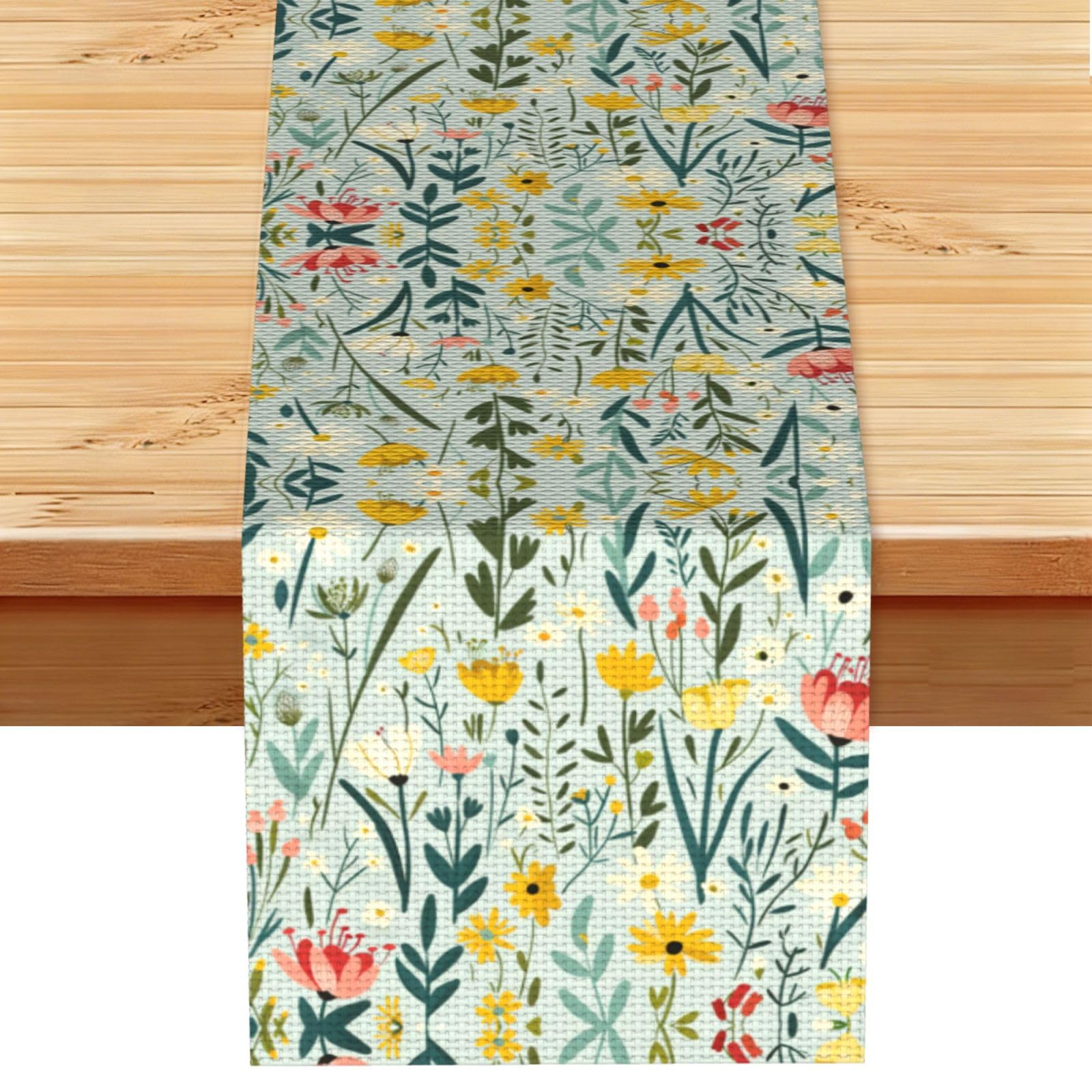 Cheer Yellow Teal Meadow Printed Table Runner 13 x 72, Wrinkle Resistant Decor for Dining Table Coffee Table Fireplace