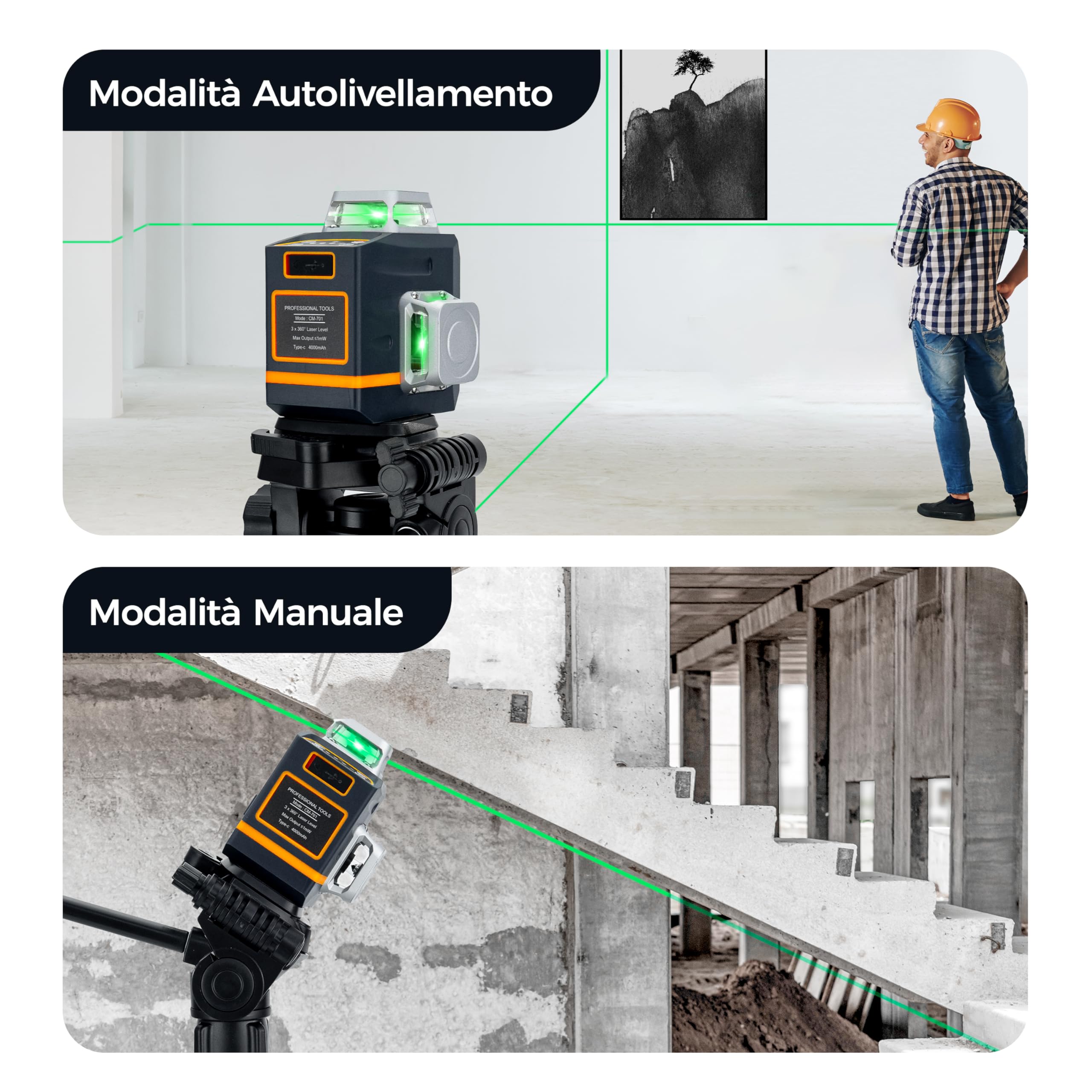Livella Laser Autolivellante 3x360°, CIGMAN Livello Laser, Gamma di Lavoro: 30M, con Telecomando, Supporto Magnetico e Rotante, Batteria Incorporata dello Li-ione