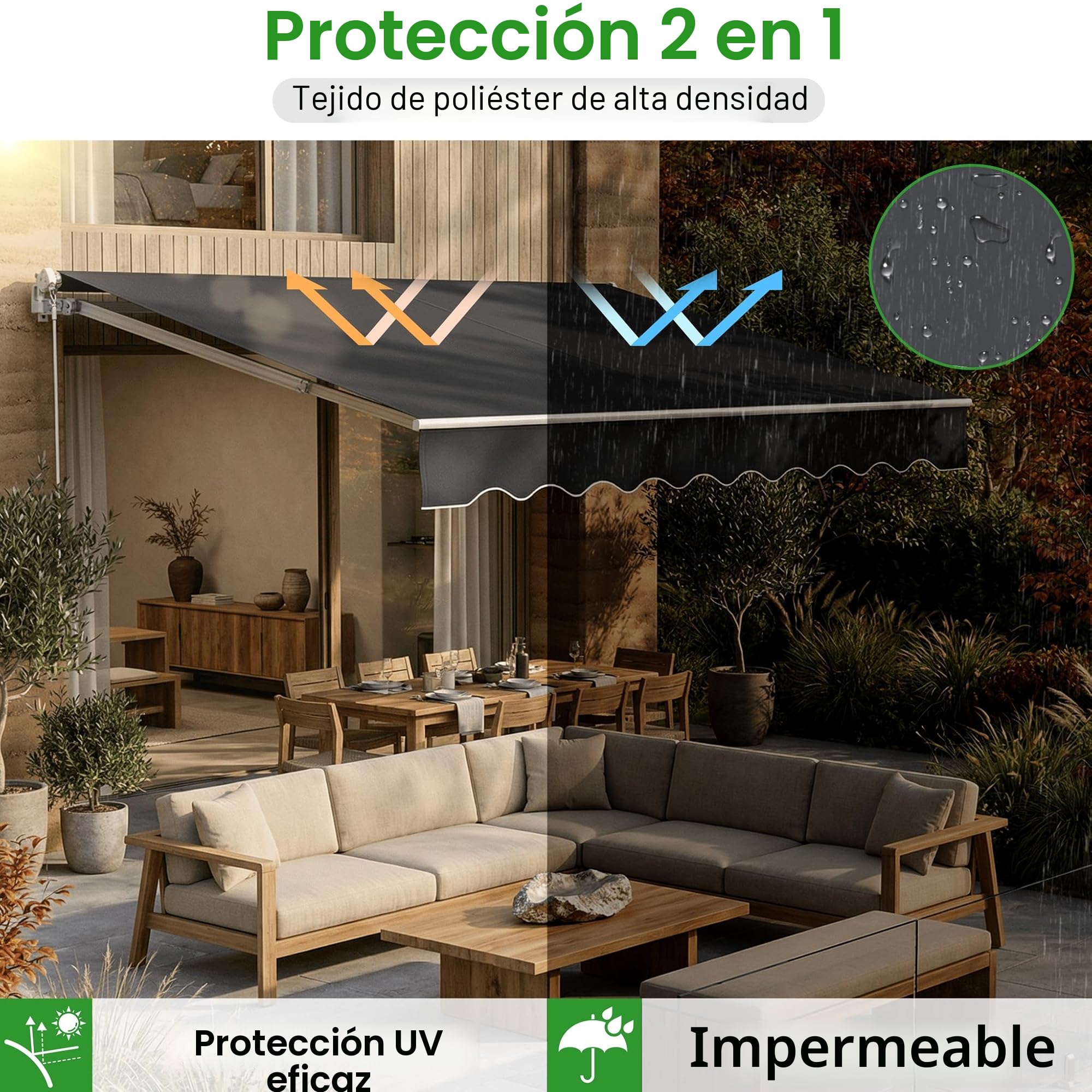 UISEBRT Toldo de aluminio con brazo articulado, 250 cm de ancho, toldo para balcón, protección solar, con brazo de sujeción manual, resistente al agua, color gris oscuro (300 x 250 cm)