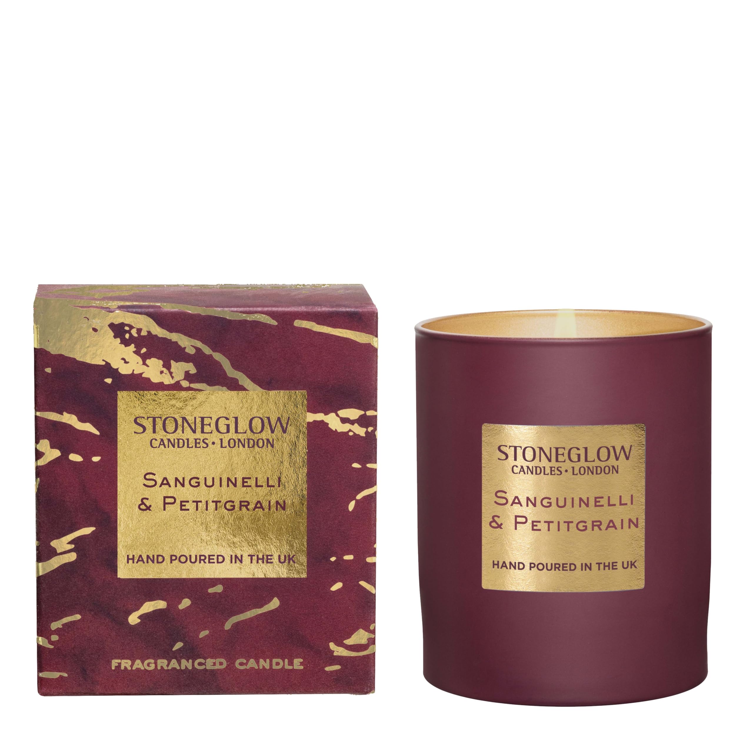 Stoneglow Luna Collection - Sanguinelli & Petitgrain 220 Grams Scented Candle of Sanguinelli Orange, Zesty Citrus Blossom, Woody Patchouli, Aromatic Eucalyptus - Berry & Gold