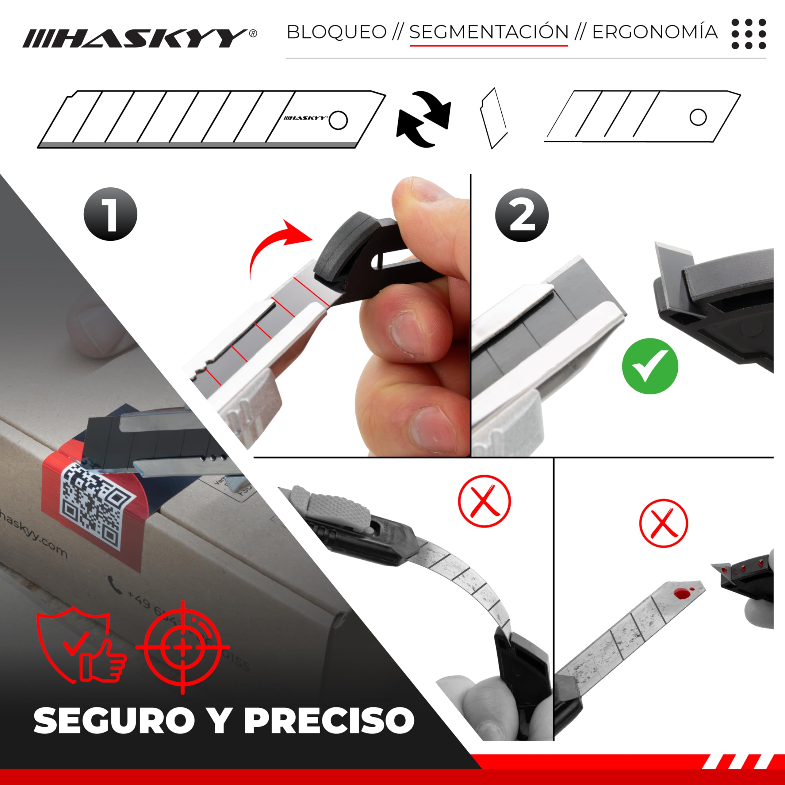 HASKYY Pack 2 Cúteres Profesionales 18mm + 5 Hojas SK5 Premium - Navajas de Seguridad con Auto-Lock