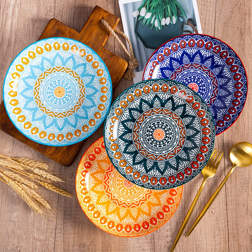 fanquare Lot de 4 Assiettes à Salade en Porcelaine - 20 cm Ensemble d'Assiettes en Céramique Boho Floral, Assiette d'Appoint pour Salade, Pâtes, Dessert, Fruits, Gâteau, Apéritif