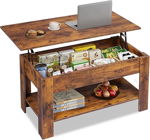 Miniatura 36 de WLIVE Mesa auxiliar, mesa de centro elevable de 47 pulgadas con compartimento oculto y 2 estantes de almacenamiento para sala de estar, espresso