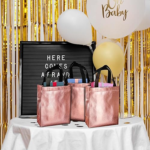 Miniatura 2 de BLEWINDZ 100 bolsas de regalo reutilizables de tamaño mediano, bolsas de regalo de oro rosa de 10.2 pulgadas con asas, perfectas como bolsas de