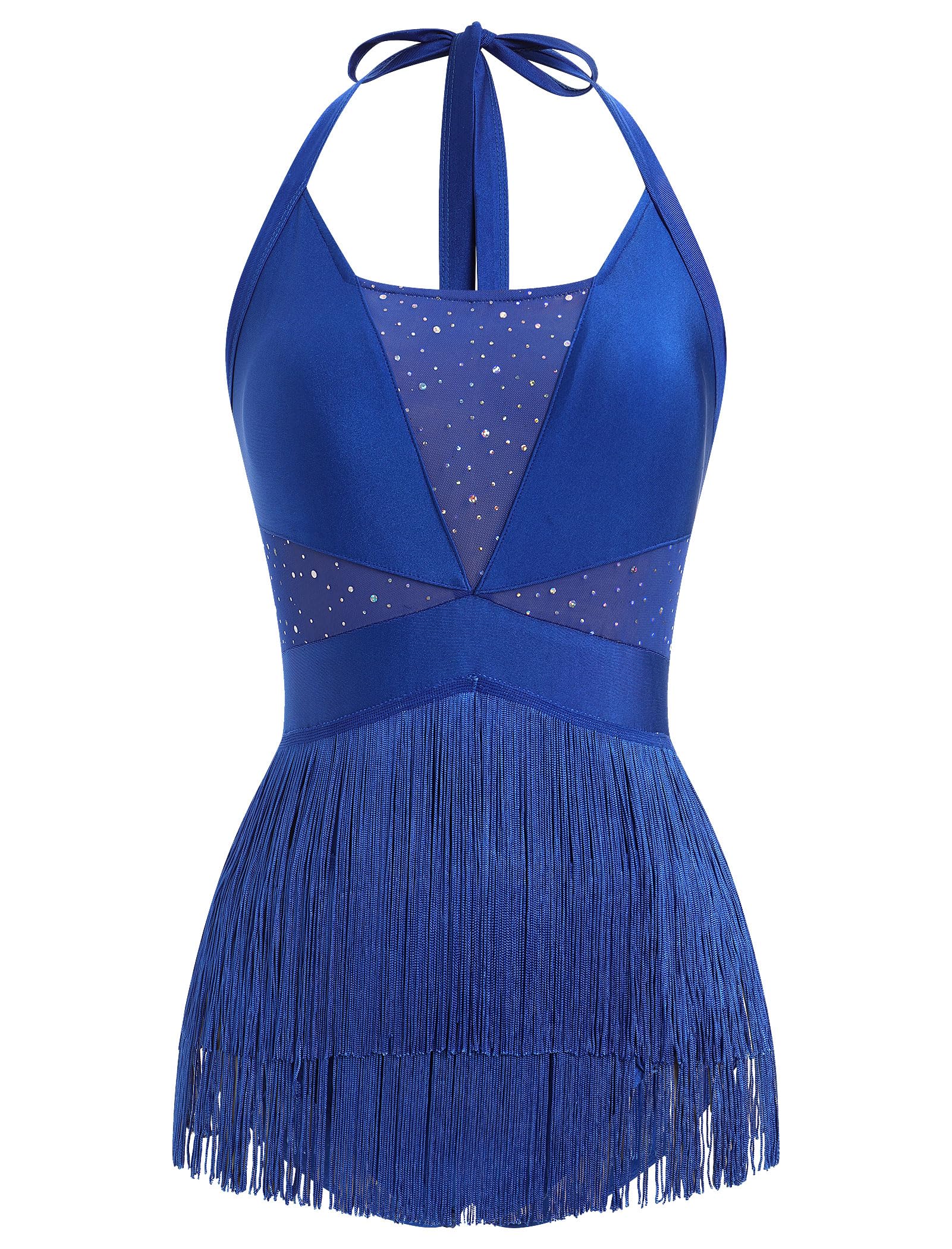Disfraz de danza latina con lentejuelas con flecos para mujer, con borla brillante, camiseta de danza, soporte para cuello, tangos latinos, salsa, jazz, acrobacias
