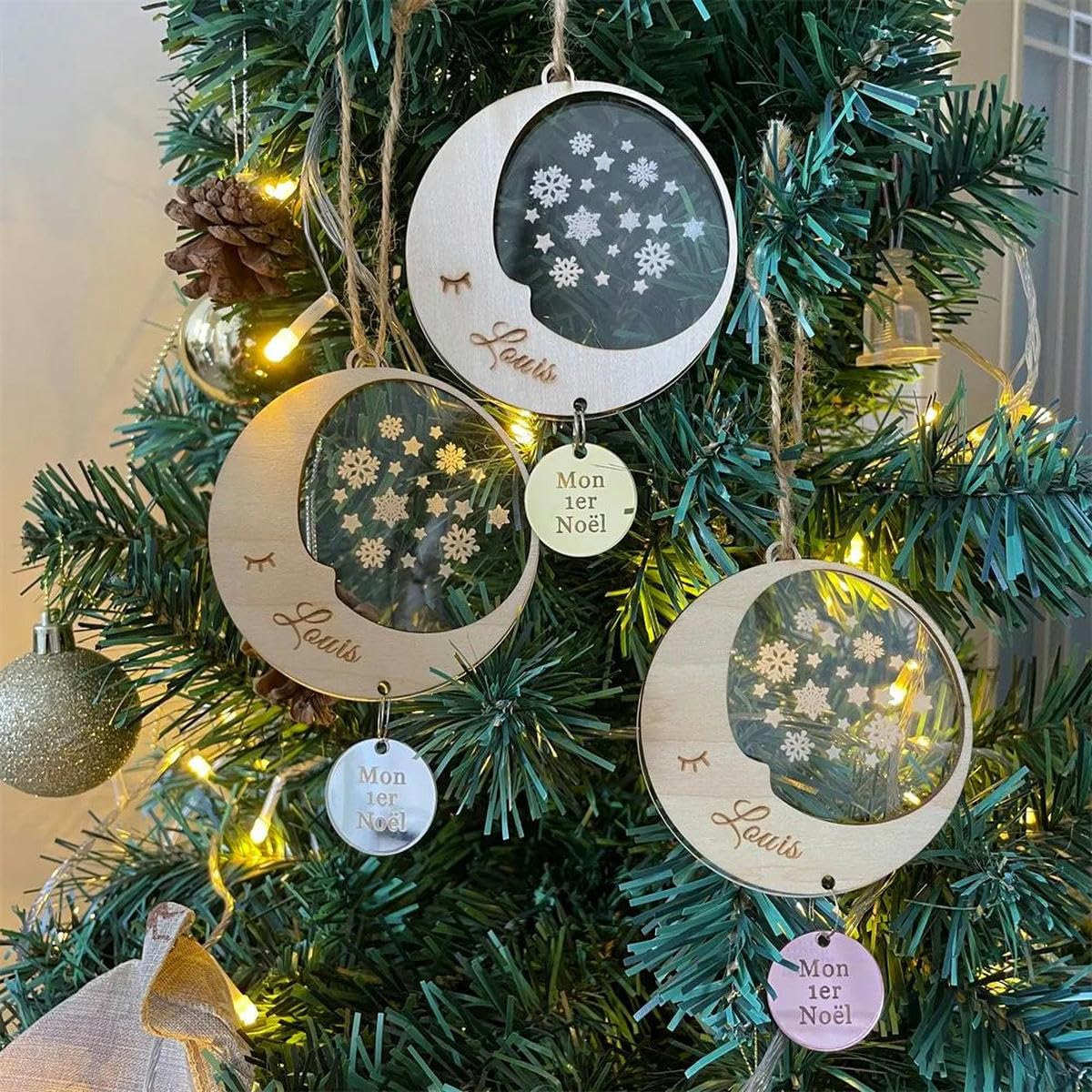 Nombre Personalizado Adorno navideño Bola de Madera y acrílico Transparente Adorno navideño Personalizado Copo de Nieve Espejo Oro Rosa-3 Piezas