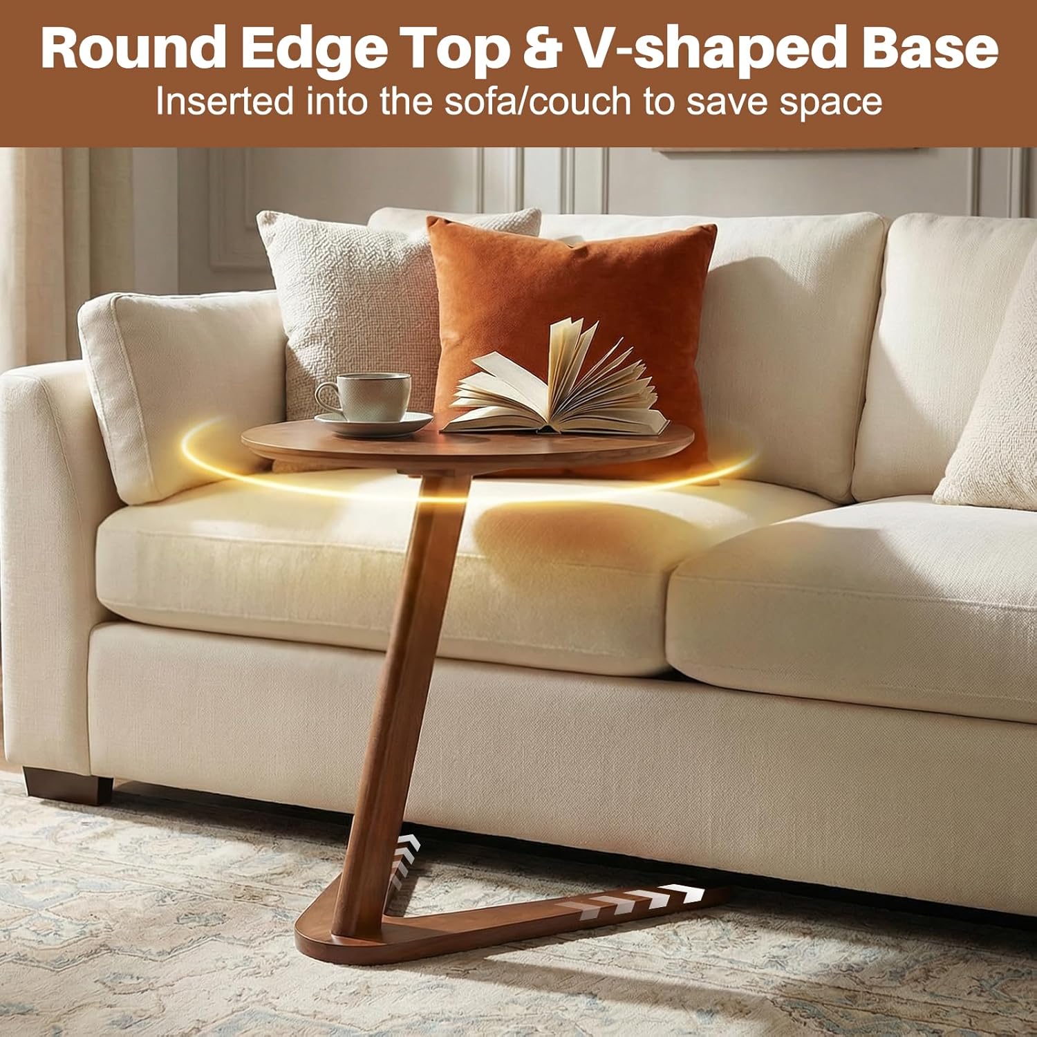Round C Shaped Wood Side Table - Small C Shape Round End Table for Couch, 20“ Modern Wooden Sofa Tables for Living Room & Home Office, Walnut, 19.7 in x 19.7 in x 20.1 in