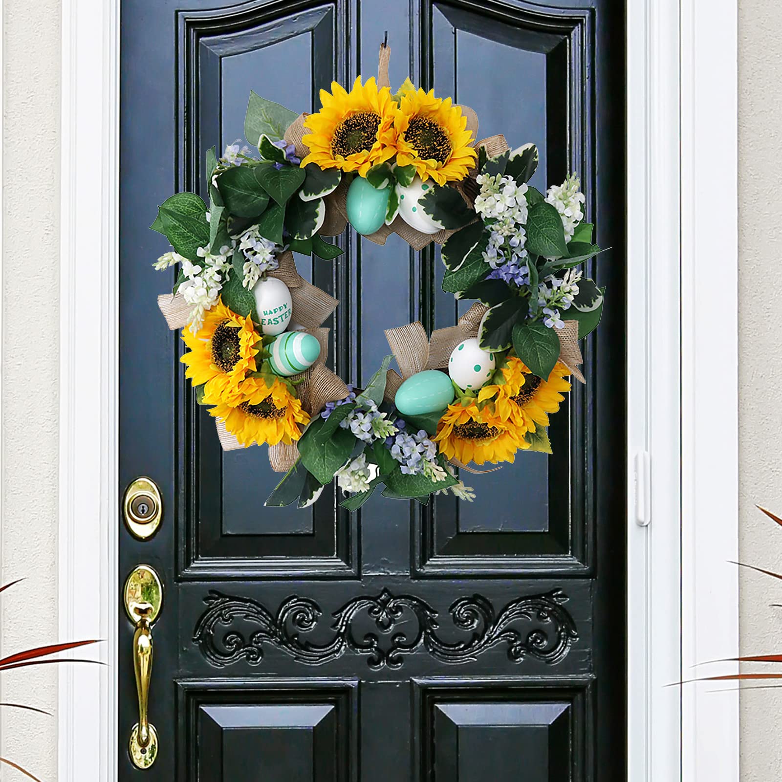 40 Cm Oeufs de Pâques Décoration Couronne Simulation Oeufs de Tournesol Porte Suspendue Décoration Murale Couronnes Bienvenue Printemps Couronne de Fleurs Couronne Extérieure(#1)