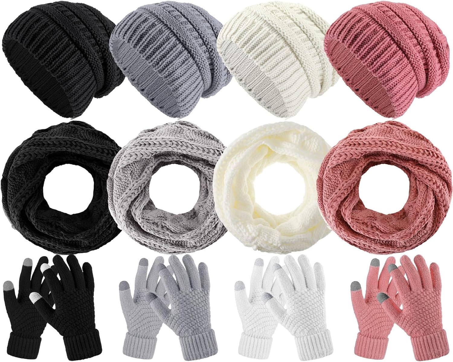 Suhine 16 Pcs Winter Beanie Hat Scarf Gloves Set Women Winter Knitted Hat Circle Scarves Touchscreen Gloves Earmuffs