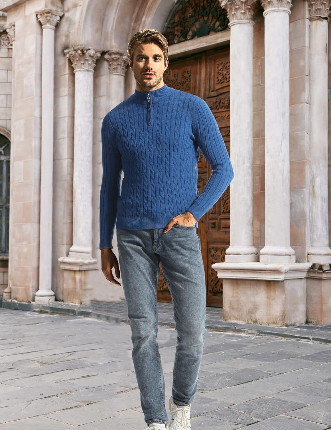 Surenow Men's Quarter-Zip Sweater Cable Knit Crew Neck Pullover Sweater Slim Fit Soft Thicken Casual Polo Sweaters for Men - Image 5