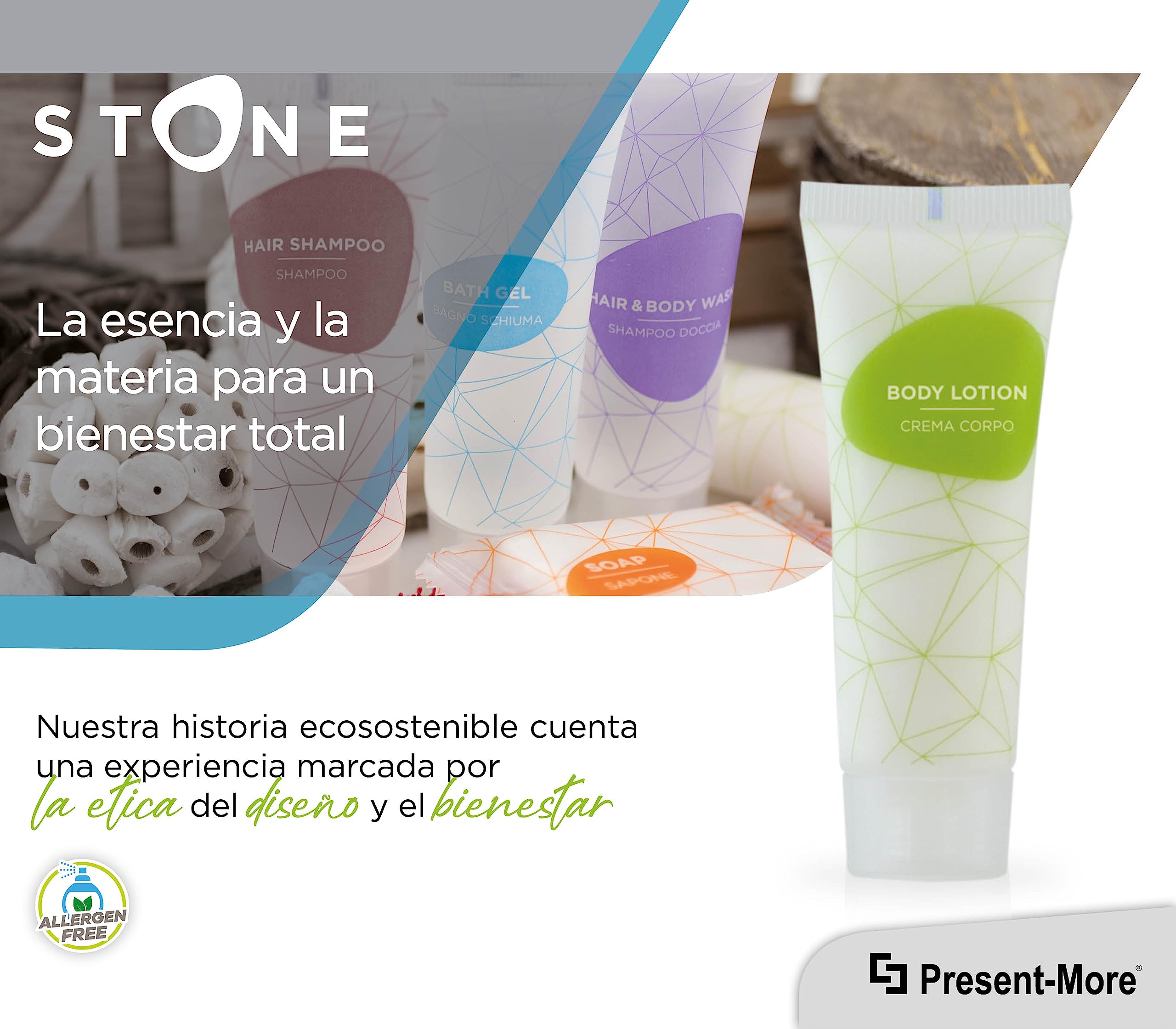 Present-More Crema corporal 30ml Stone - Crema cuerpo 250 unidades para Hoteles y B&B | Crema cuerpo sin alérgenos con fragancia Relaxing