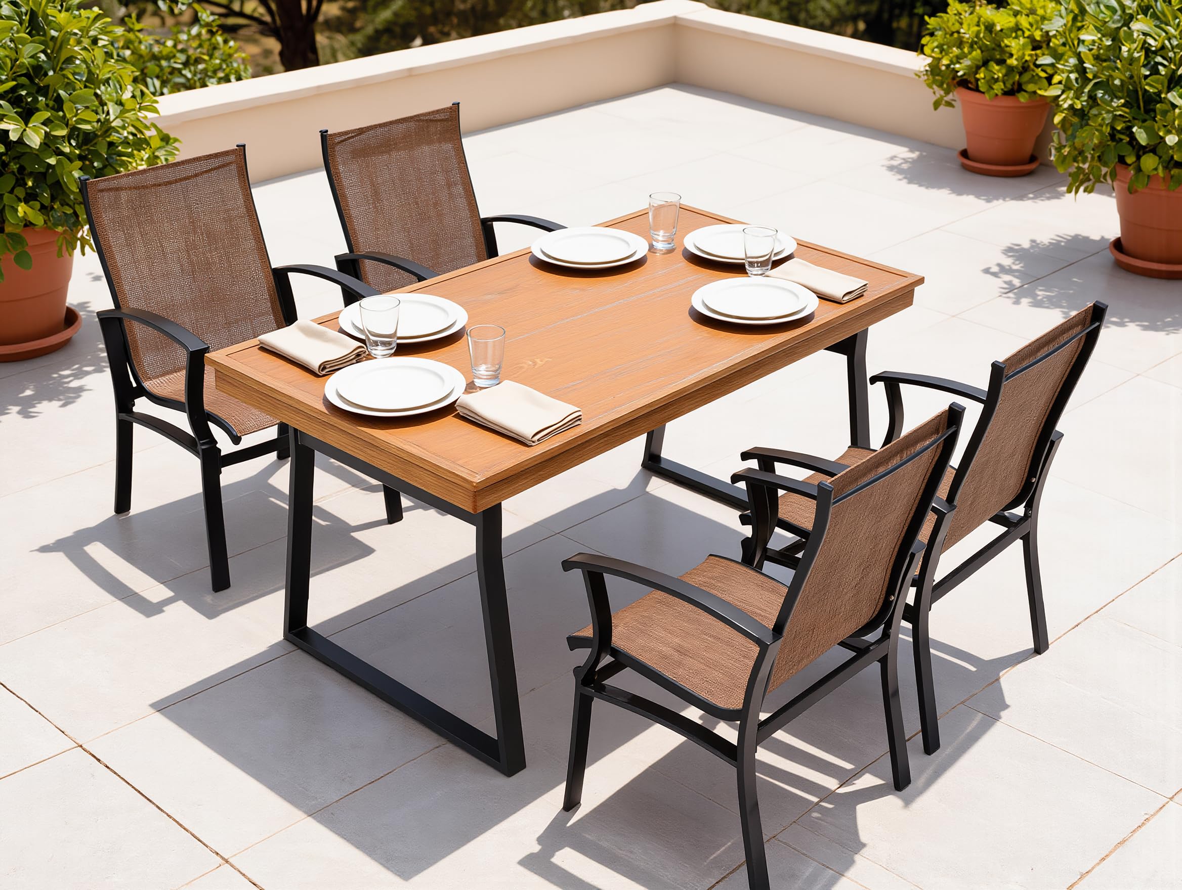 Set Pranzo da Giardino 5 Pezzi HAVANA – Tavolo Rettangolare 150x90 cm Vetro Temperato Effetto Legno + 4 Poltrone Textilene Traspirante con Braccioli Struttura Alluminio Antracite Arredo Giardino