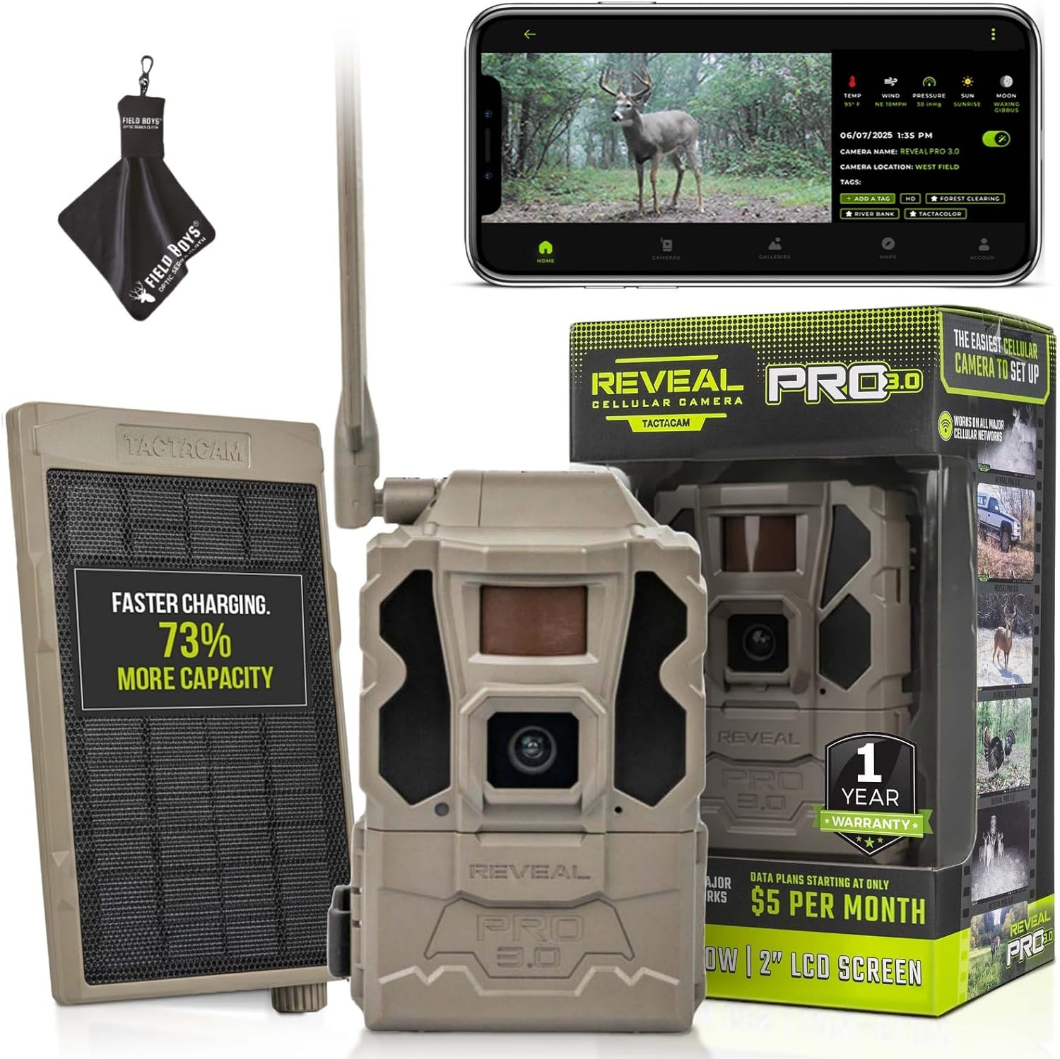 TACTACAM Reveal Pro 3.0 Cellular Trail Camera - Multi-Cellular Network, GPS, 2" LCD, No-Glow IR, Wi-Fi Enabled, HD Photos & 1080p Videos, Long Battery Life, Fast Trigger Solar Panel