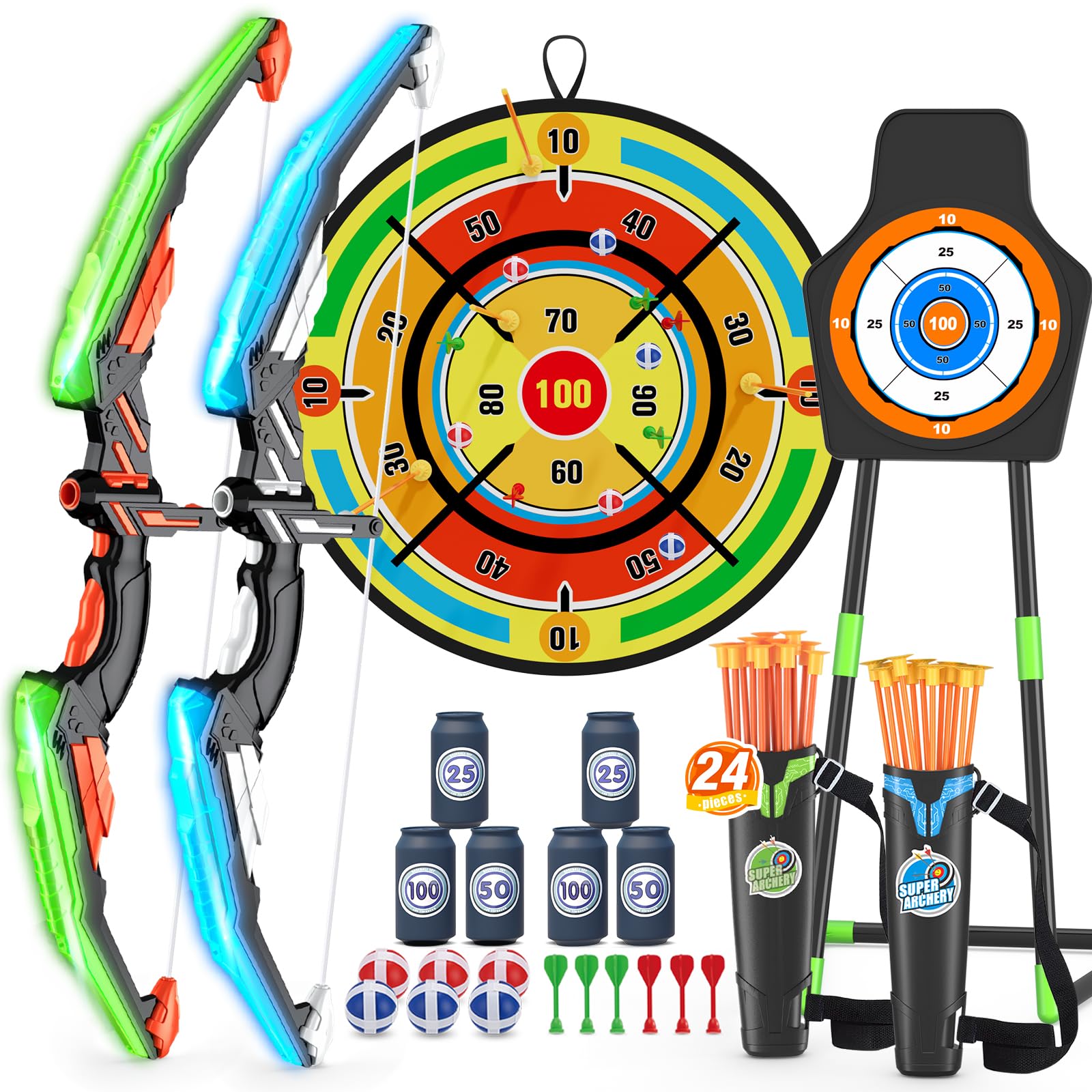 Paquete de 2 arcos y flechas para niños con tablero de dardos grande de 29 pulgadas, juego de tiro con luz LED con 24 flechas de ventosa, juguetes deportivos para interiores y exteriores, regalos