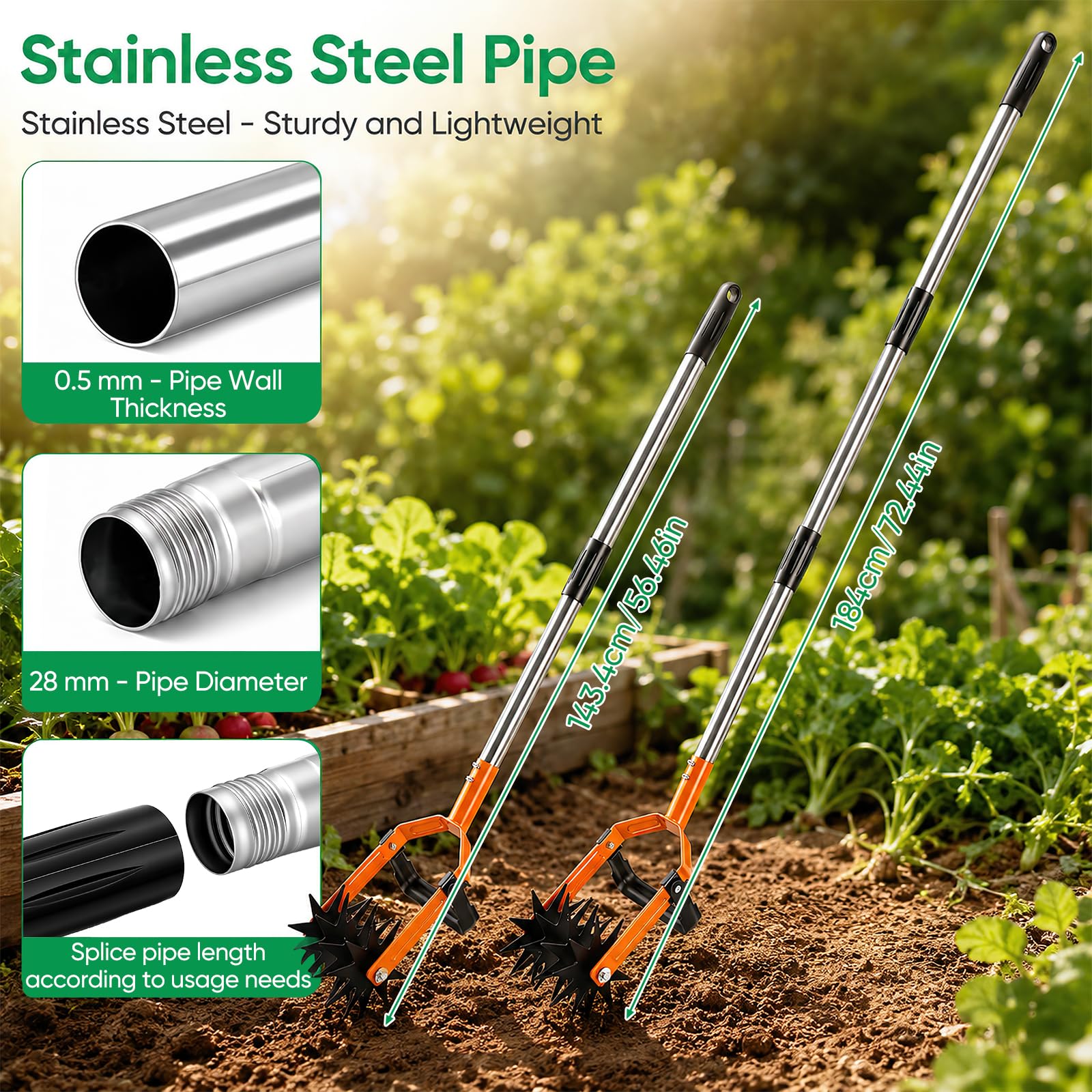 Coltivatore rotativo e zappa oscillante 2 in 1,Coltivatore a ruota stellata | 184 cm Coltivatore giardino Coltivatore giardino con denti rimovibili per smuovere il terreno ed eliminare le erbacce