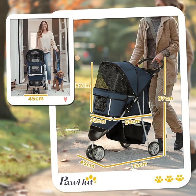 Foto 3 de 8 de PawHut Carrito para Perros Plegable Perros Pequeños 75x45x97 cm Azul Oscuro