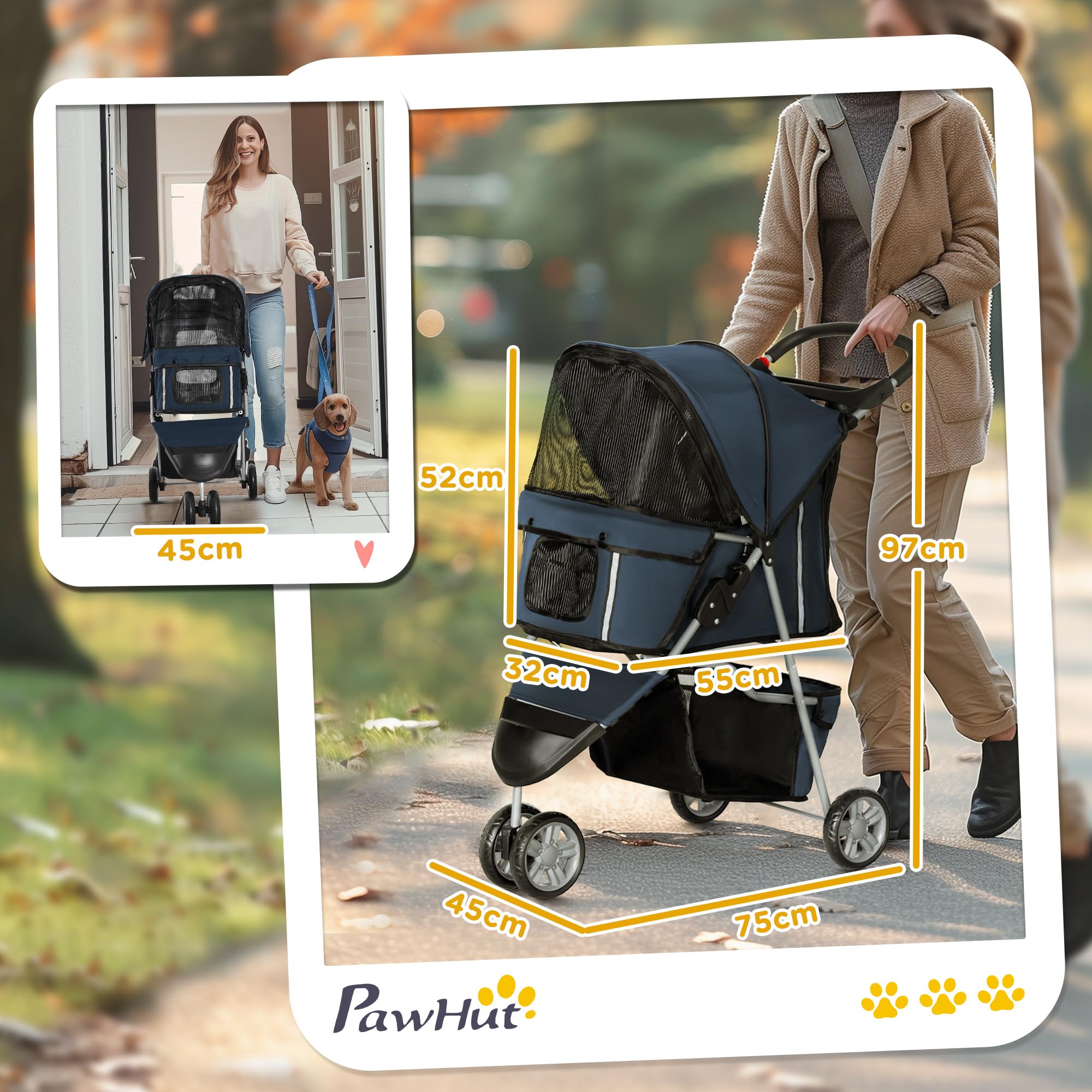 PawHut Poussette Buggy Pliable Animaux, Chariot Pliant Chien Chat, Porte-Gobelet Panier de Rangement Inclus, Roues Avec Frein, Tissu 600D Oxford acier, 75 x 45 x 97 cm Bleu Foncé