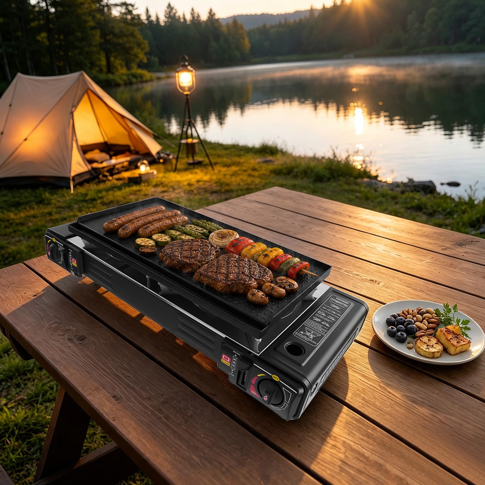 Réchaud de camping à gaz 2 flammes, barbecue de table avec moule à pâtisserie | Réchaud à gaz double réchaud de camping pour butane ou gaz 63 x 26 x 8 cm